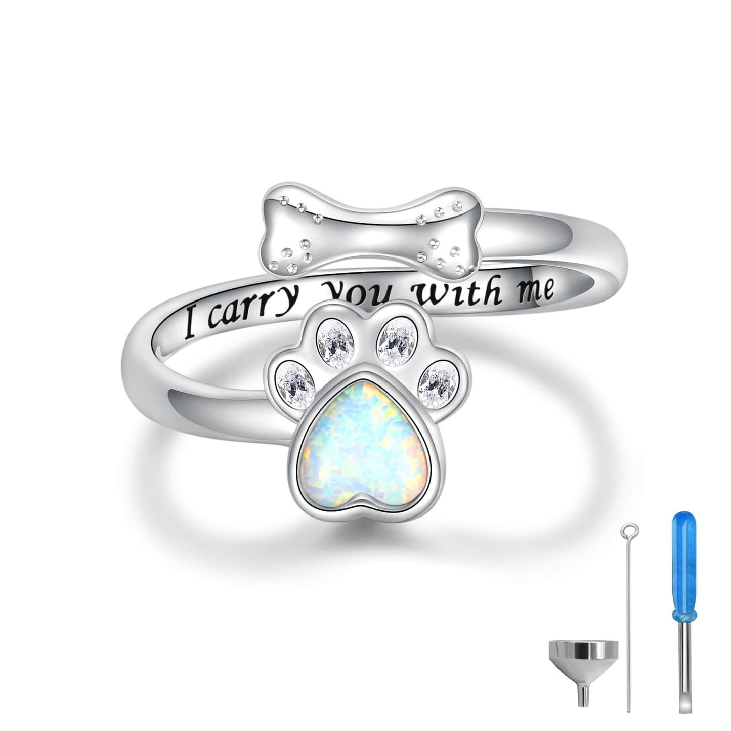 Sterling Silver Urn Ring for Dog Ashes: 925 Paw Print Memorial Opal Rings Cremation Jewelry Keepsake Remembrance Gifts for Women Pets Lover, Sterling Silver, Opal