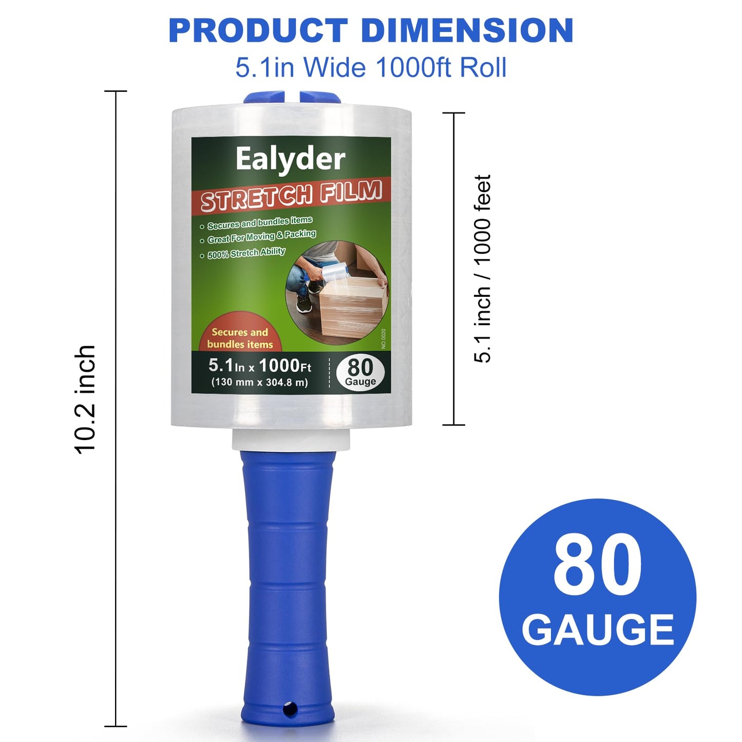 Ealyder Tape 4-Pack Industrial Mini Stretch Wrap Film 80 Gauge 5.1" 1000ft, Self-Adhering Clear Hand Stretch Wrap with Plastic Handle for Packing, Shipping, Moving & Pallet Bundling