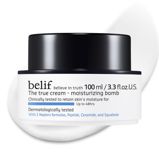 belif The True Cream Moisturizing Bomb - 48hr Intense Hydration with Peptide, Ceramide & Squalane, Milky & Lightweight Daily Moisturizer, Restores Skin Barrier, Korean Skincare, 1.68 fl. oz. (100ml)