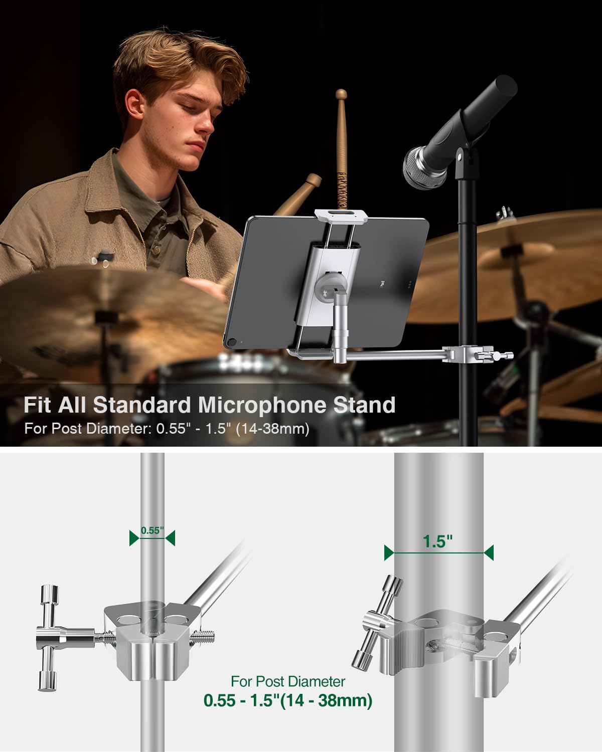 elitehood Aluminum iPad Holder for Mic Stand, Side Mount iPad Music Stand Holder for Microphone, 360° Swivel Tilt Adjustable Mic Tablet Mount for 4-13in iPhone, Cell Phones and Tablets, Sliver