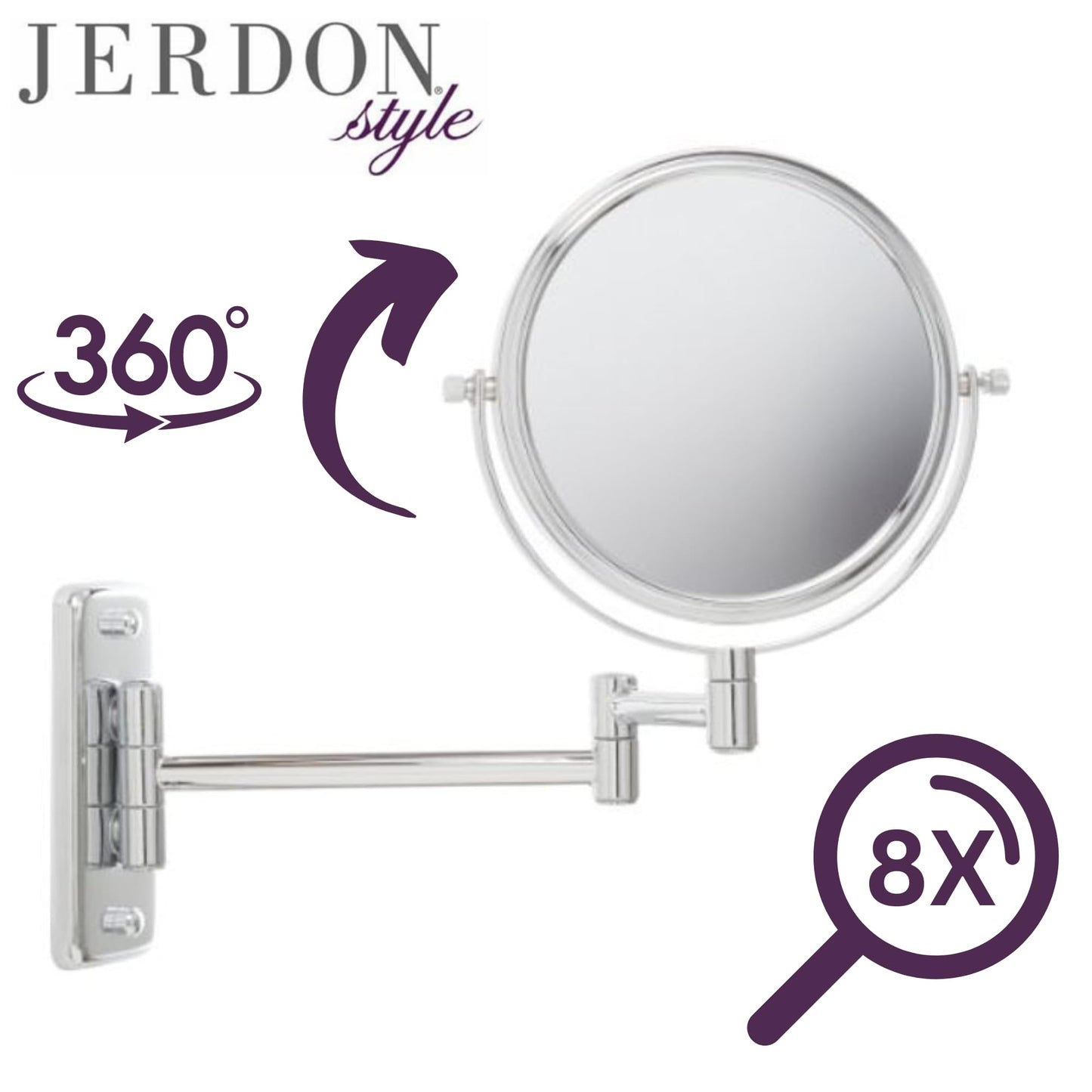 Jerdon JP7808C 8-Inch Two-Sided Swivel Wall Mount Mirror with 8x Magnification, 13.5-Inch Extension, Chrome Finish