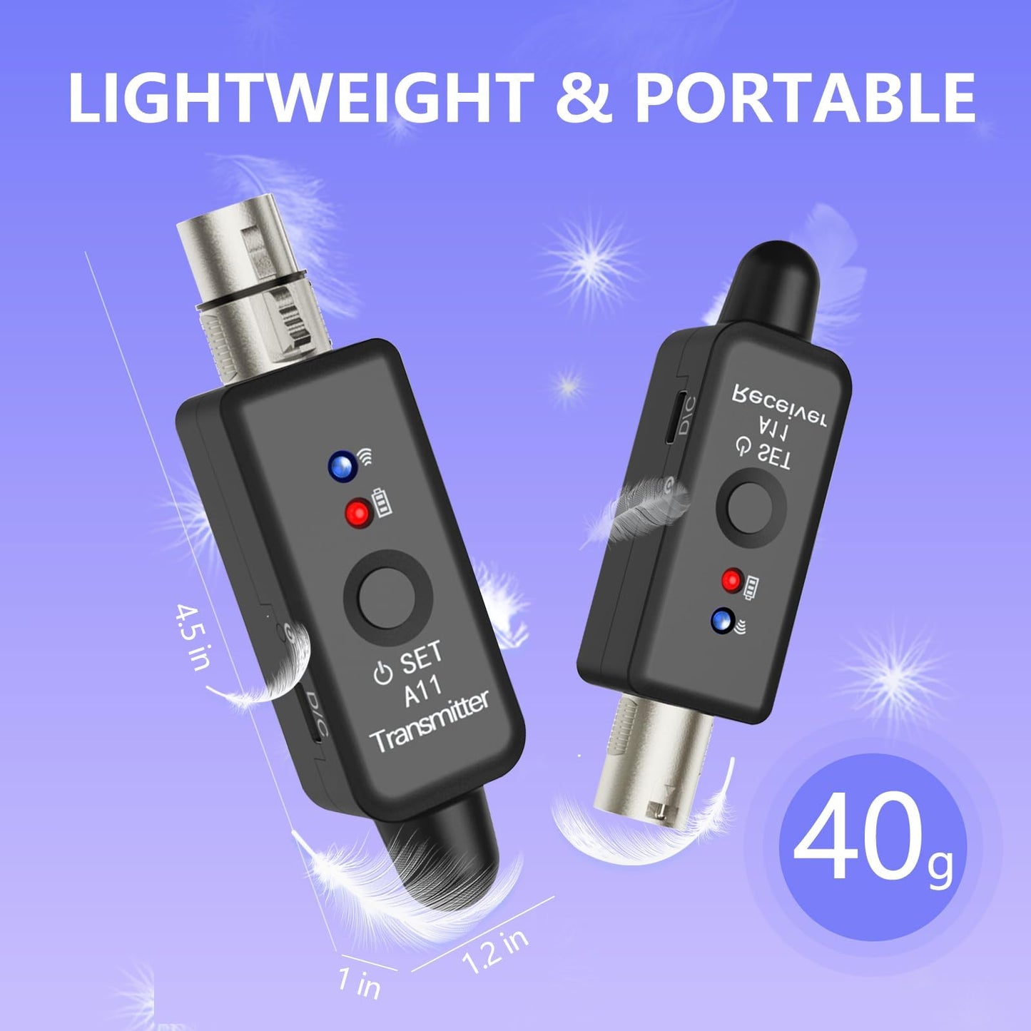 A11 Wireless Microphone System, 2.4GHz XLR Transmitter and Receiver for Dynamic Microphone, Audio Mixer, PA System, 100ft Range, Ultra-Low Latency, Rechargeable Battery(A11-2(2TX+1RX))