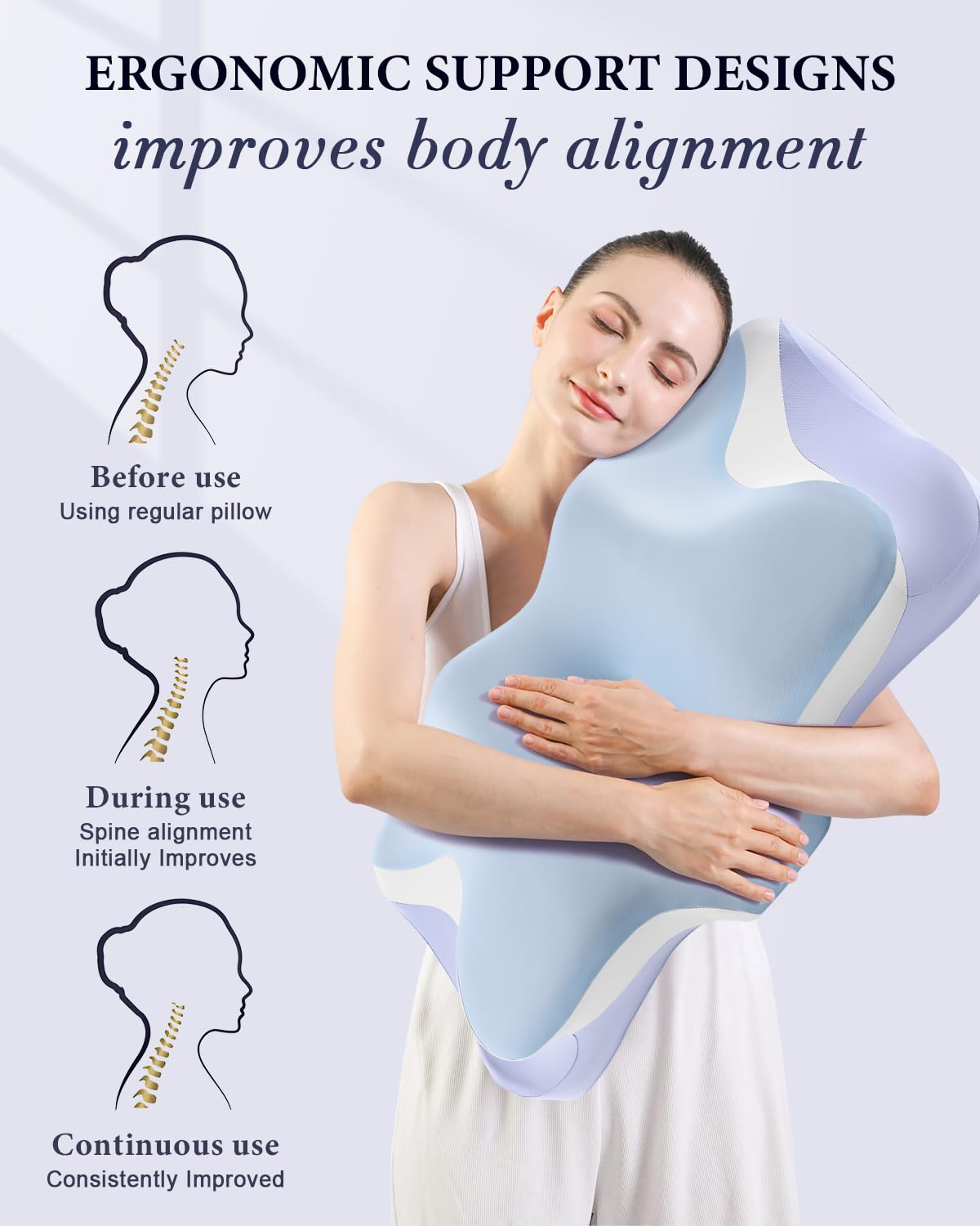 Cervical Pillow, Cooling Ergonomic Memory Foam Pillows for Sleeping with Luxury Anti-Pilling Pillowcase, Contour Deep Sleep Neck Support Pillow for Side Back Stomach Sleepers Queen Size (Blue)