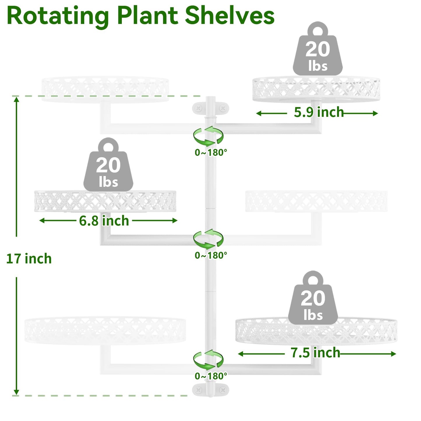 OVICAR Rotating Window Plant Shelves - Indoor Wall Plant Stand 3-Tier Floral Metal Window Shelf Holder for Multiple Plants with Hanging Hooks Home Decor White