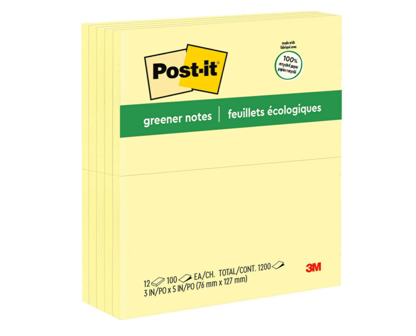 Post-it Greener Notes, 3x5 in, 12 Pads, America's #1 Favorite Sticky Notes, Canary Yellow, Clean Removal, 100% Recycled Material (655-RP)