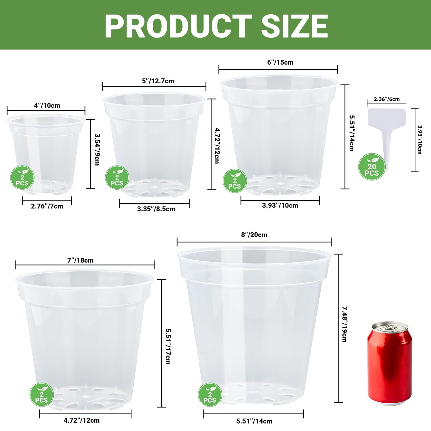 GREANER Clear Plant Pots, Plastic Planters for Indoor Plants, Seed Starting Pot with Drainage Holes, 4/5/6/7/8 Inch(10 Packs)