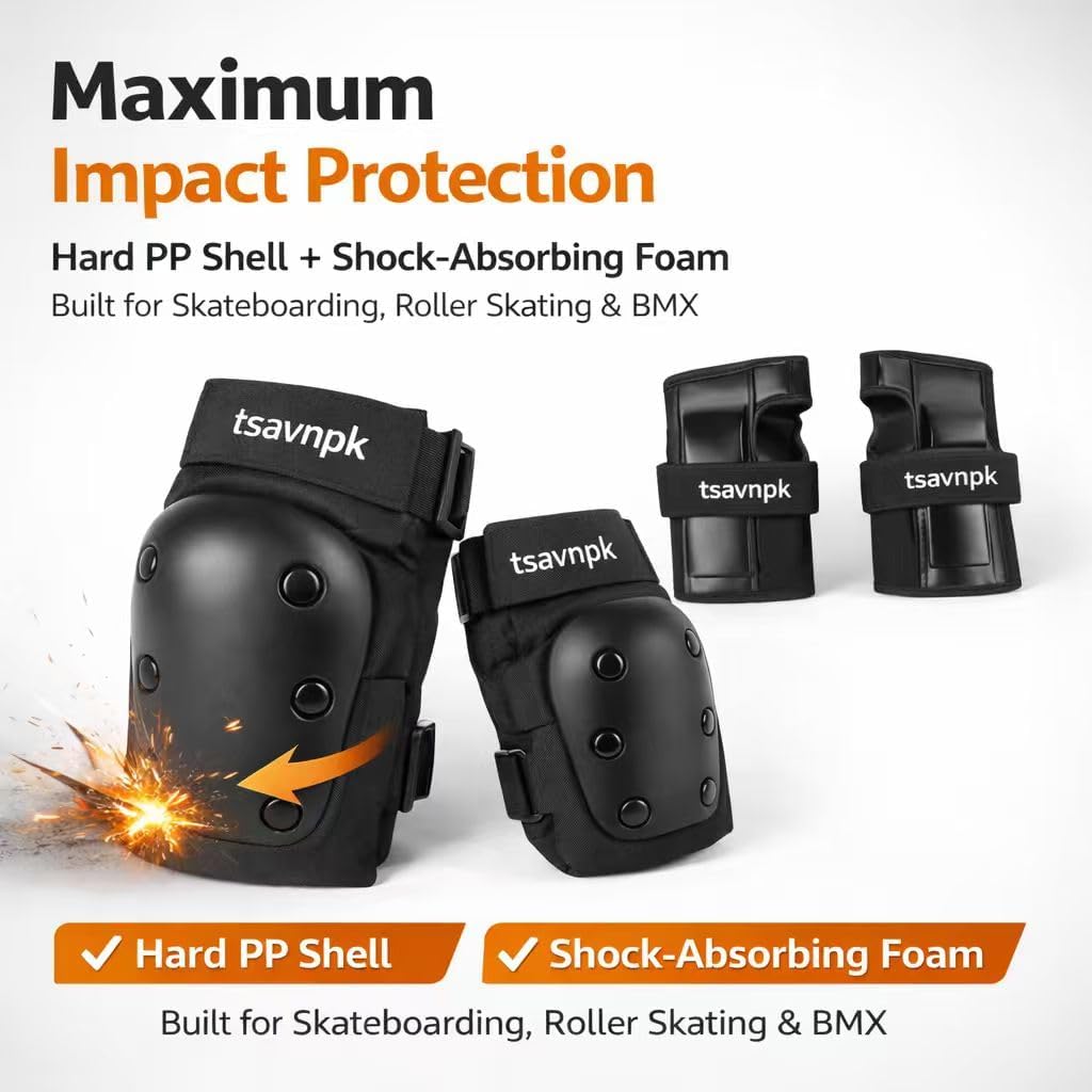 Adult Knee Pads and Elbow Pads Set with Wrist Guards, 6 in 1 Protective Gear for Skateboarding, Roller Skating, Inline Skating, Scooter, BMX, Adjustable Pads for Men Women(Black, X-Large)