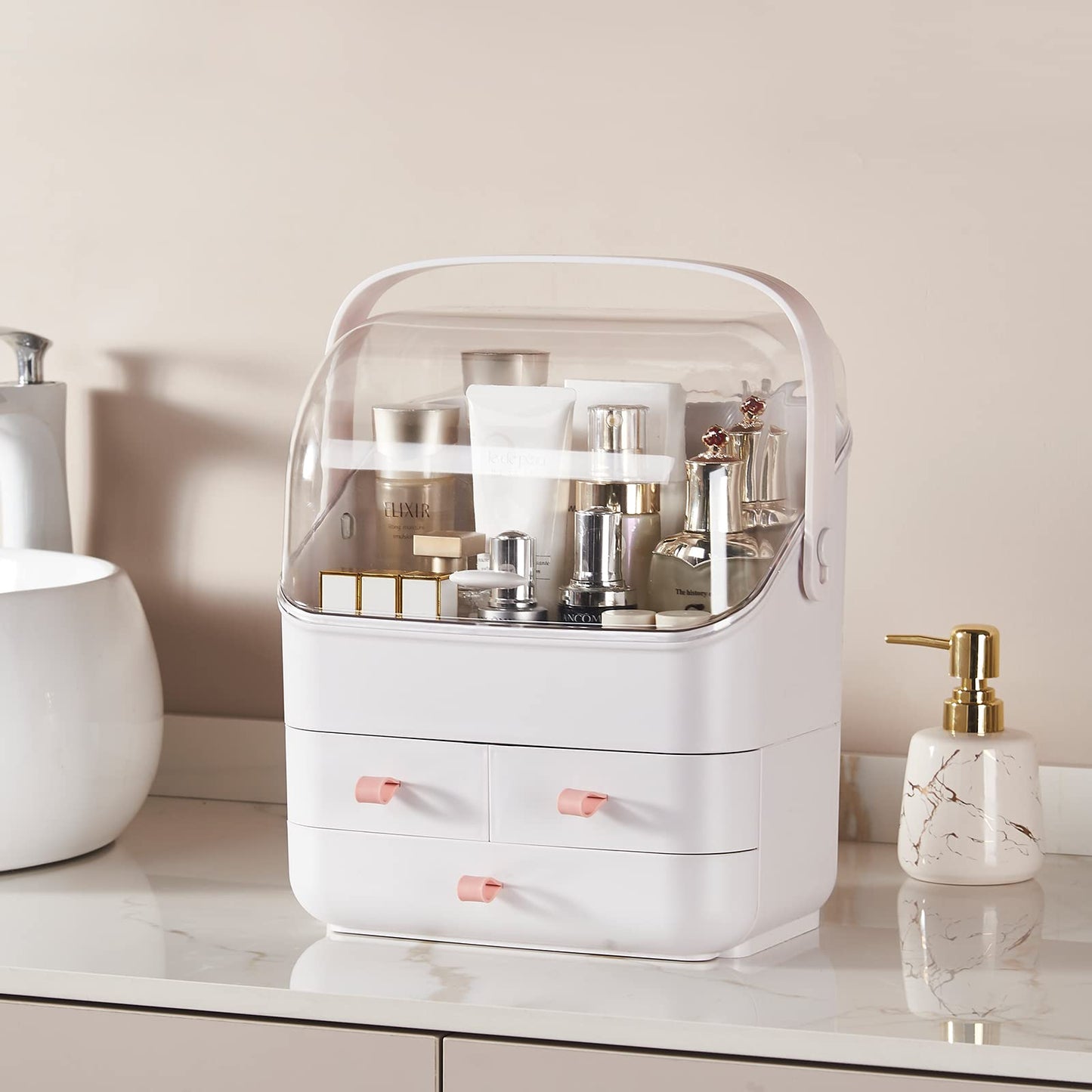 SUNFICON Makeup Organizer Cosmetic Storage Box Holder with Dust Free Cover Portable Handle,Fully Open Waterproof Lid, Dust Proof Drawers,Great for Bathroom Countertop Bedroom Dresser