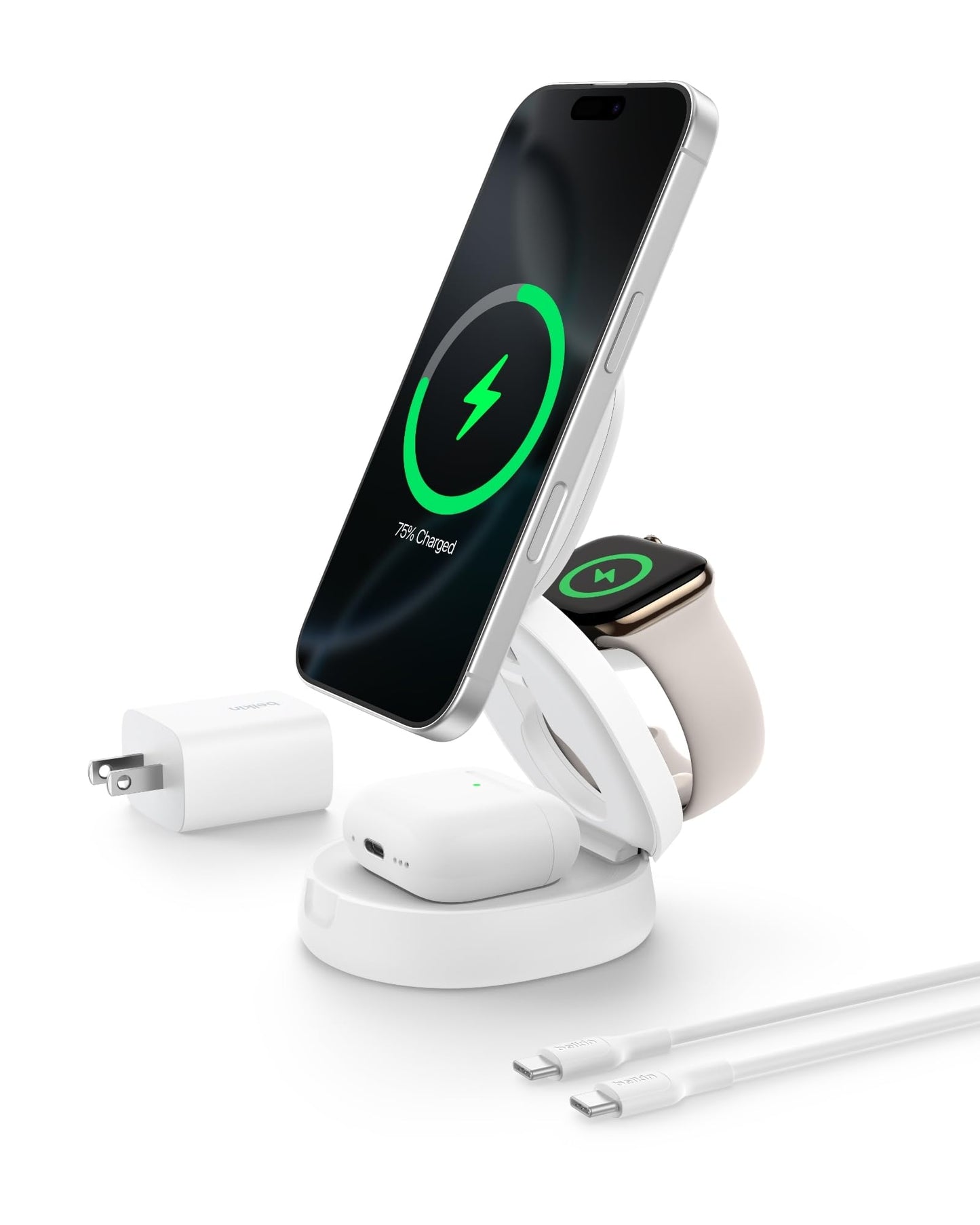 Belkin MagSafe Charger Compatible, 3-in-1 Qi2 Wireless Charging Station 15W, Convertible Wireless Charger for iPhone 17, Apple Watch, AirPods, Portable Phone Stand for Travel w/ 36W Adapter - White