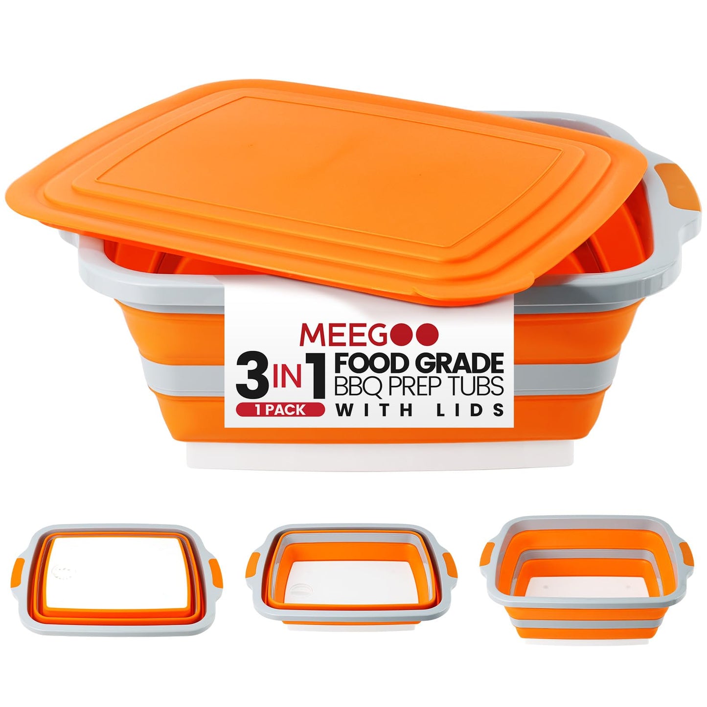 BBQ Prep Tub 3-in-1 Large 30L Collapsible Cutting Board with Locking Lid for Meal Prep Marinating Food, Camping Sink with Colander, Dish Basin, Storage Blanket for Camping Picnic BBQ, Orange