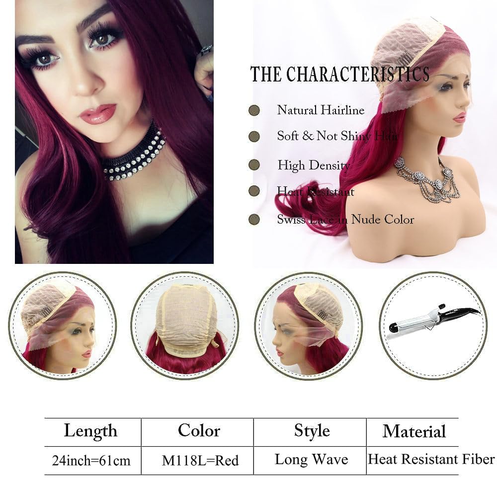 SERENEWIG Female Dark Red Synthetic Lace Front Wigs for Women Cosplay Party Replacement Drag Queen Mermaid Red Real Natural Color Long Wavy Hair Synthetic Full Glueless Wig 24"