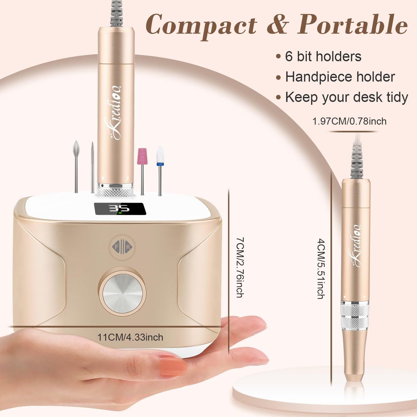 Kredioo Nail Drill Machine for Gel Acrylic Nails, 35000RPM Electric Nail File Professional Ongle E-drills with 11 Bits Manicure Pedicure Care Nails Kit for Gel Polish Remover Home Salon Tools-Gold