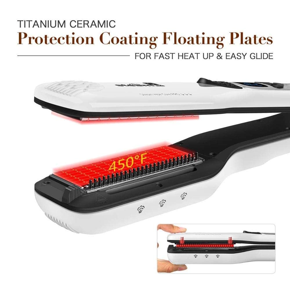 JUKEY Professional Steam Hair Straightener, Electric Fast Steam Hair Straightener Brush Titanium Ceramic Flat Iron, with Anti-Static Technology and Digital Controls Suitable for All Hair Types, White