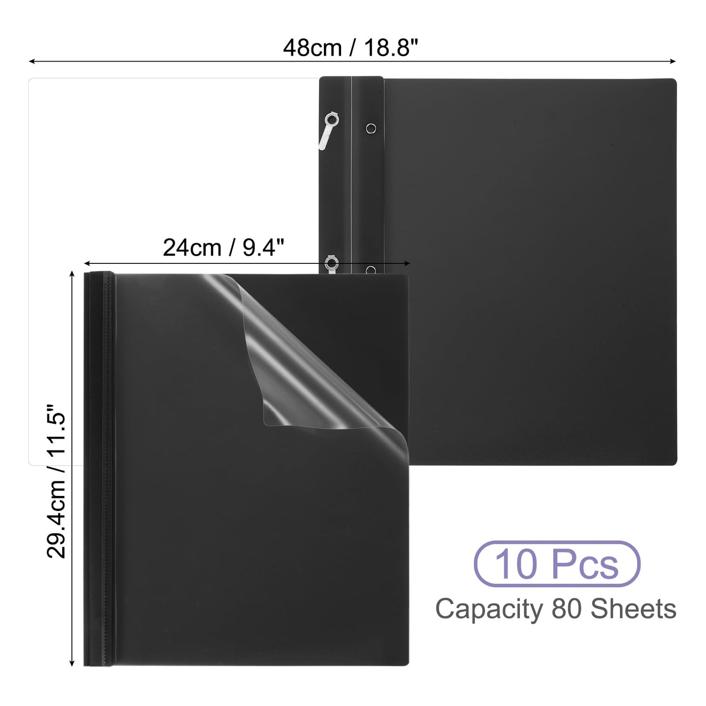PATIKIL Plastic Report Covers with Prong, 10 Pcs 80 Sheet Capacity Clear Front Presentation Binders with 3 Metal Prong Fasteners Report Folder for Resume Documents Files Letter, Black