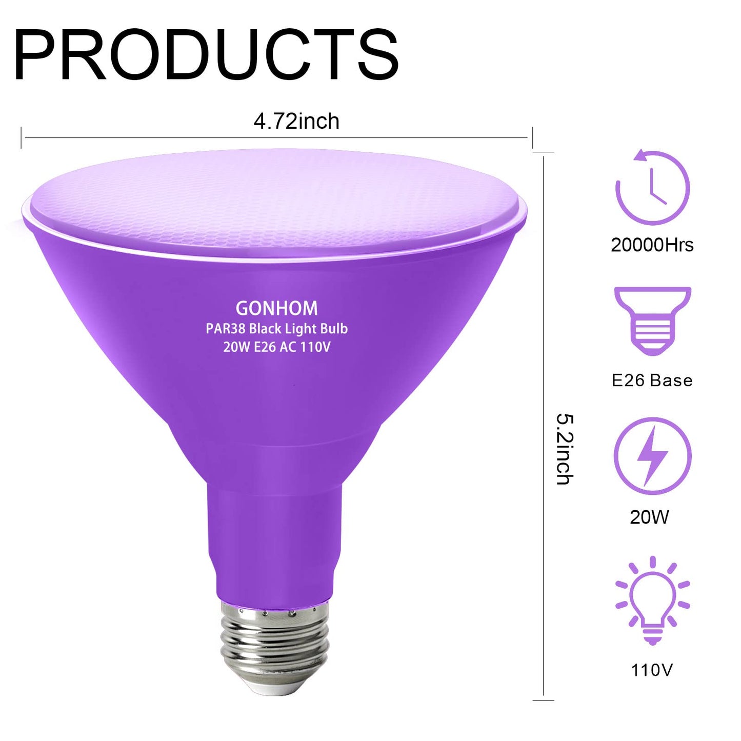 Gonhom 2 Pack PAR38 LED Black Light Bulbs, 20W Replace to 200W Blacklight Bulb, E26 Base 110V,UVA Level 385-400nm, Glow in The Dark for Blacklights Party, Body Paint, Neon Glow,Fluorescent Poster