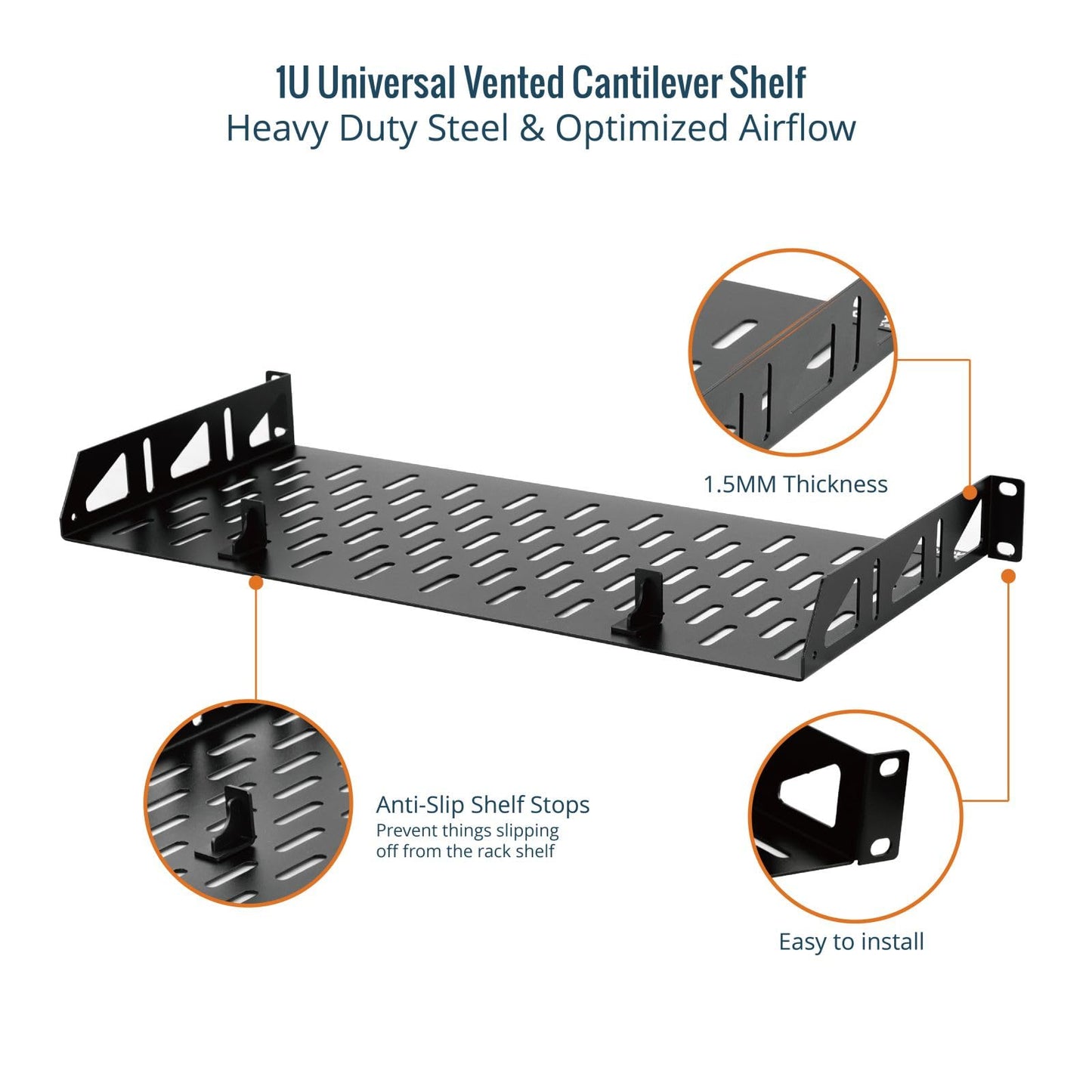 Tecmojo Server Rack Shelf, 1U Rack Shelf 8in Depth, Rack Mount Shelf with Anti-Slip Stops, 55lbs Weight Capacity of Vented Network Rack Shelf for Data/AV/IT/Audio Racks, no Lip(2 Pack)