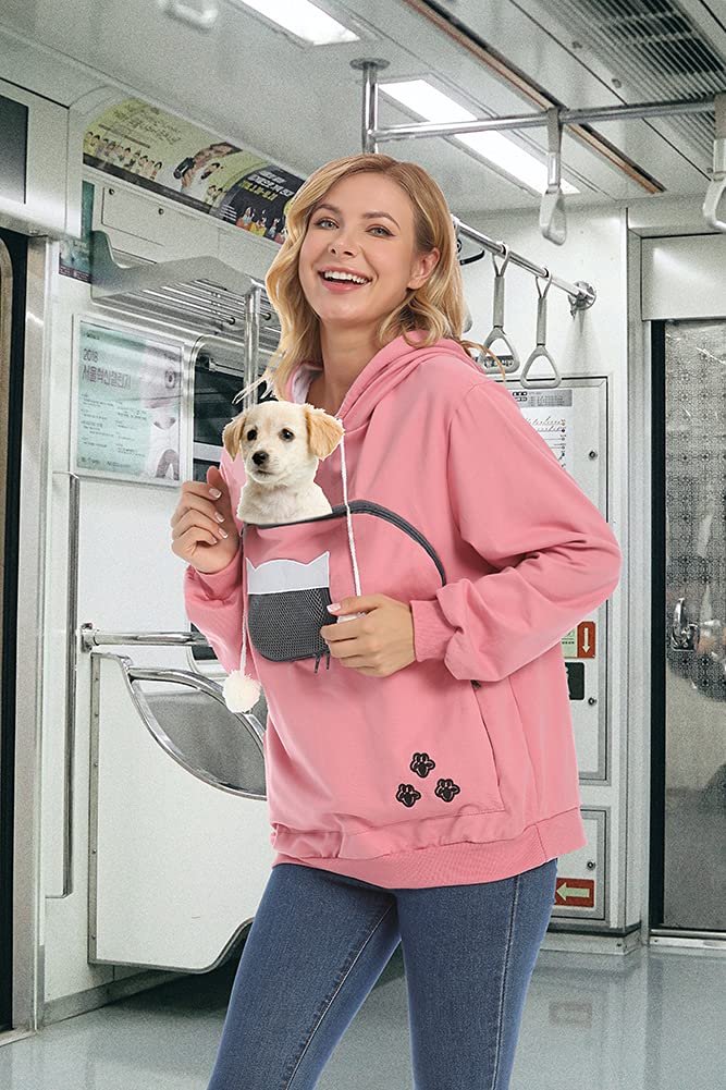 ZIIFULLHOU Women Pet Carrier Sweatshirt Puppy Kitten Holding Hoodies Long Sleeve Pouch Tops, Red, XX-Large-3X-Large