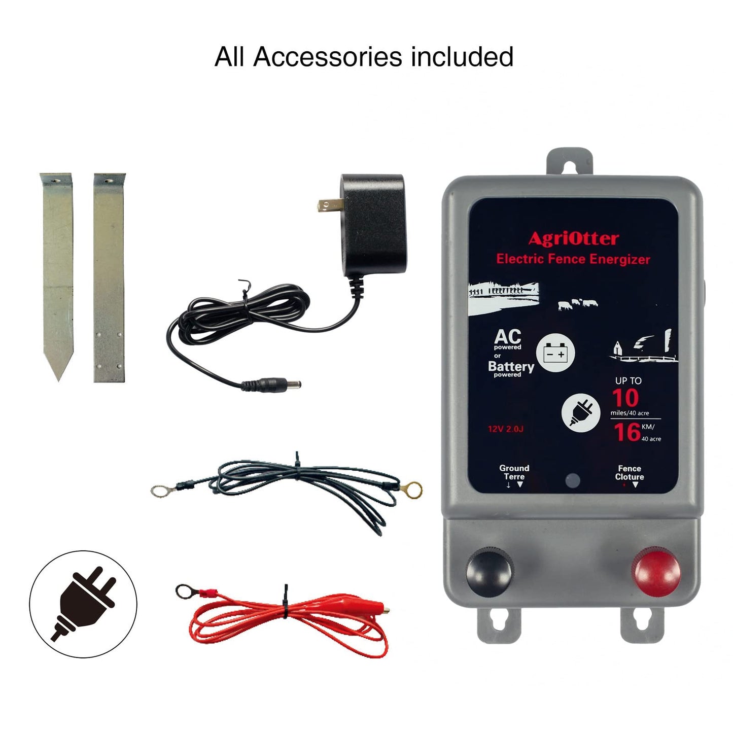 AgriOtter Electric Fence Energizer 40 Acre 2 in 1 Powered by Battery or AC Outlet 12000V 2J Pulse Electric