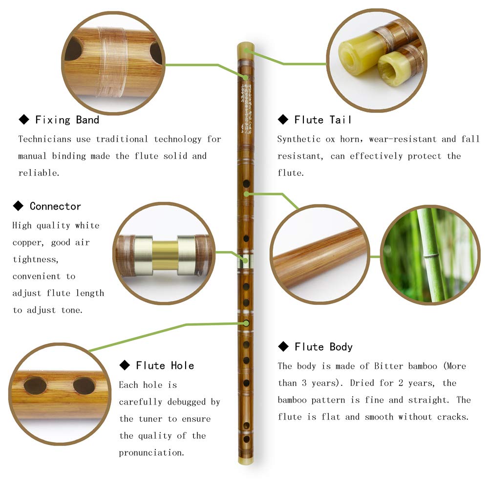 D Key Dizi Bitter Bamboo Flute for Beginners with Free Membrane & Glue & Protector Set Traditional Chinese Instrument（Key of D/Bitter Bamboo）
