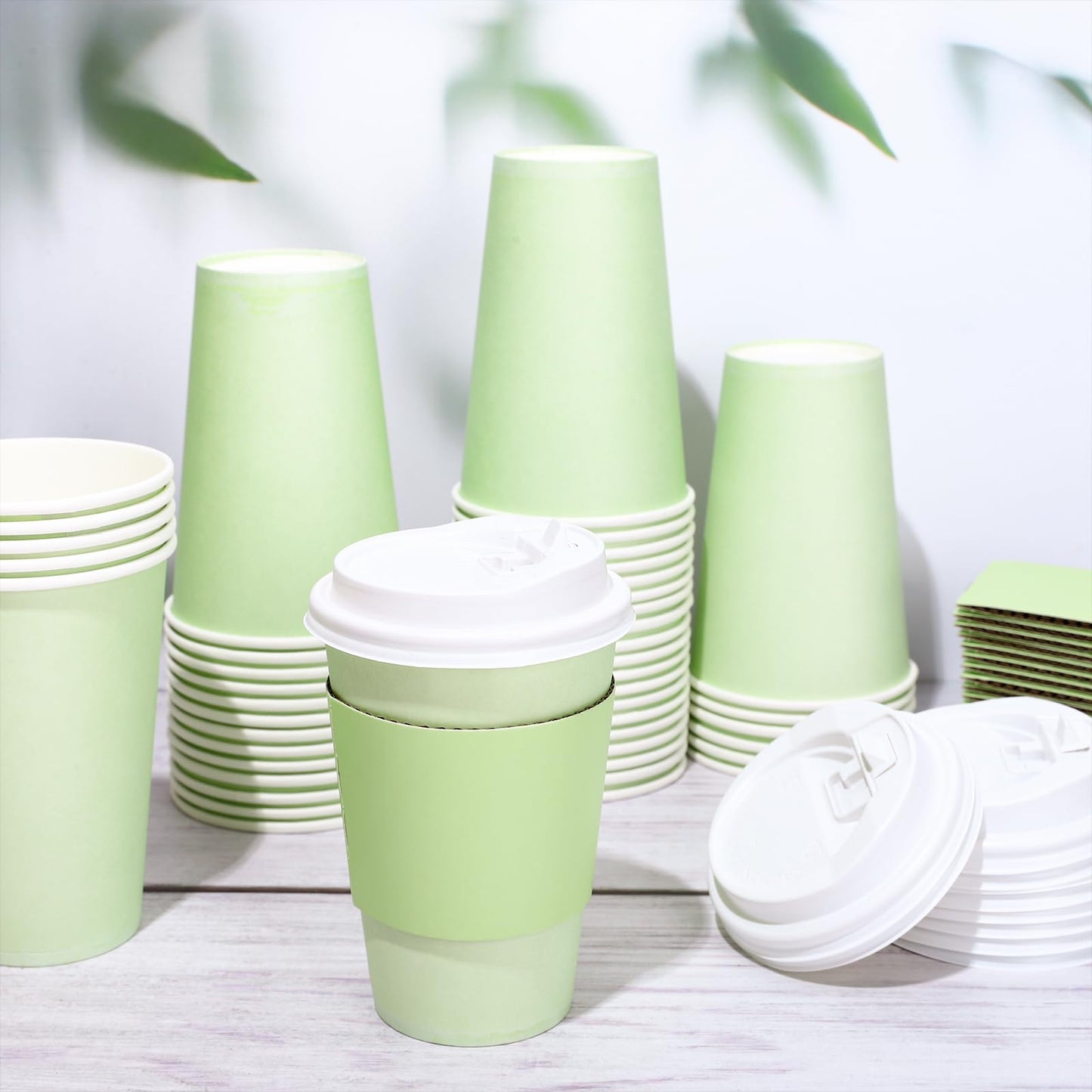 JarThenaAMCS 50Pcs St. Patrick's Day Green Disposable Coffee Cups with Lids and Sleeves 12oz Paper Drinking Cups for Wedding Birthday Baby Shower Bachelorette Party Supplies