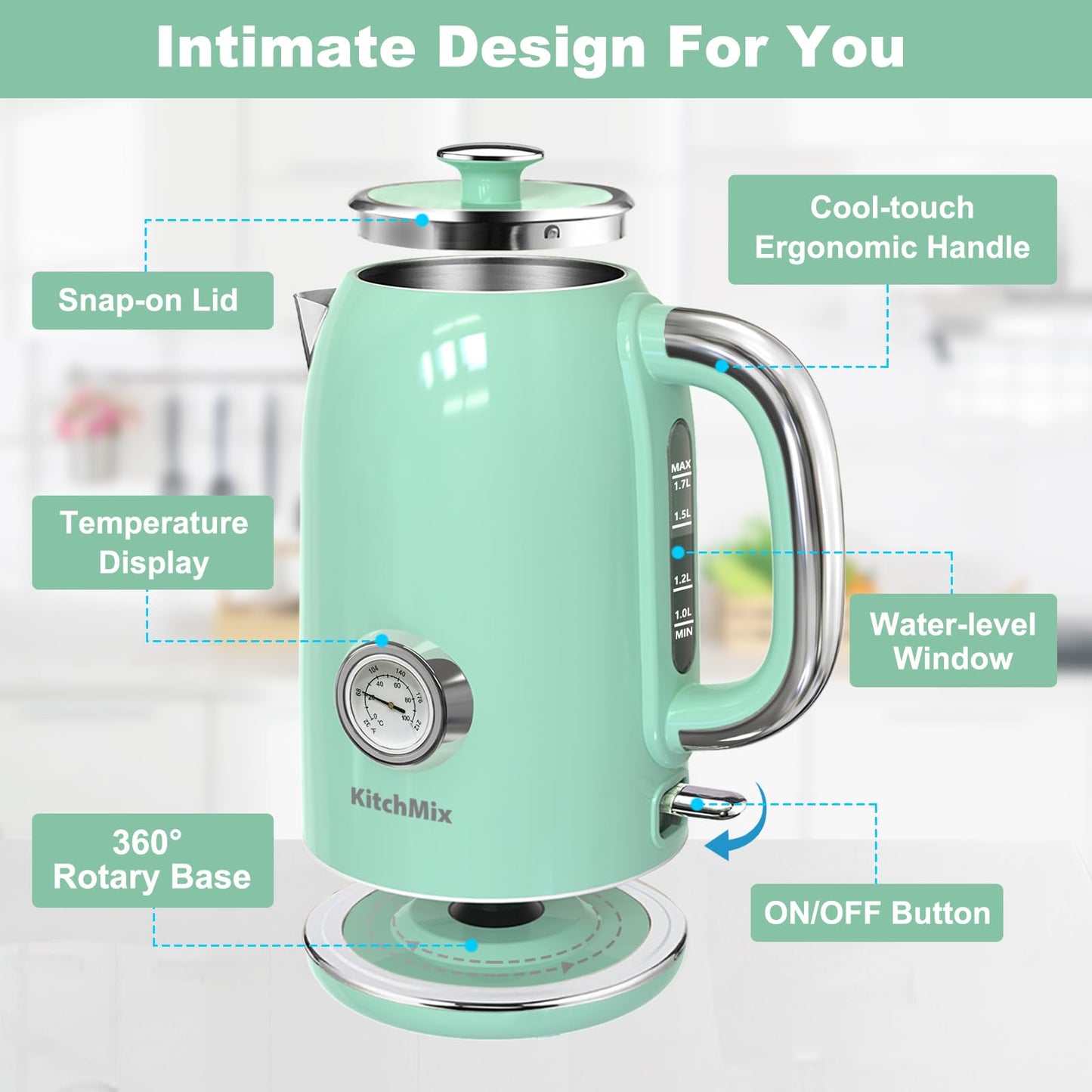 KitchMix Electric Kettle,1.7L Stainless Steel Tea Kettle with Thermometer,1500W Cordless Water Boiler with LED Indicator - Light Green