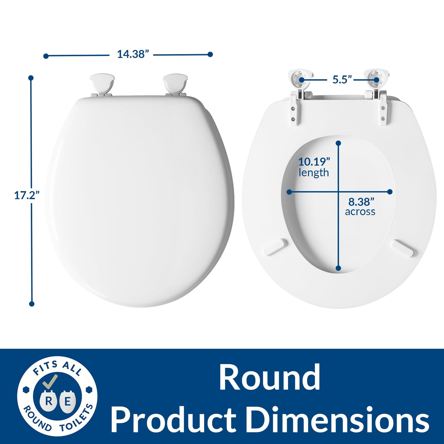 Mayfair Athens Toilet Seat, Easy Clean Hinges and Durable Wood Seat, Round, White