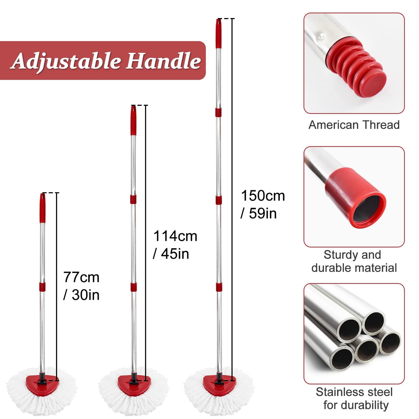 Spin Mop Handle Replacement for Vileda, Mop Heads Compatible with Vileda EasyWring Spin Mops & Bucket 1-Tank, Include 4-Section Handle, 2 Microfiber Head Refills,1 Scrub Brush, 1 Base