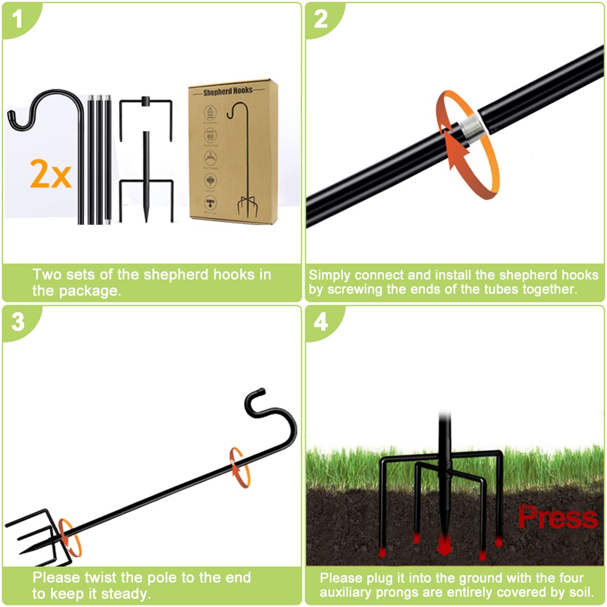 Garden Shepherd Hook 92inch, 2pk Outdoor Bird Feeder Pole Stand Heavy Duty with 5 Prongs,Strong Metal Garden Holder Plant Hanger for Hanging Plant,Flower Pots,Birdhouses,Wind Chime,Weddings Decor