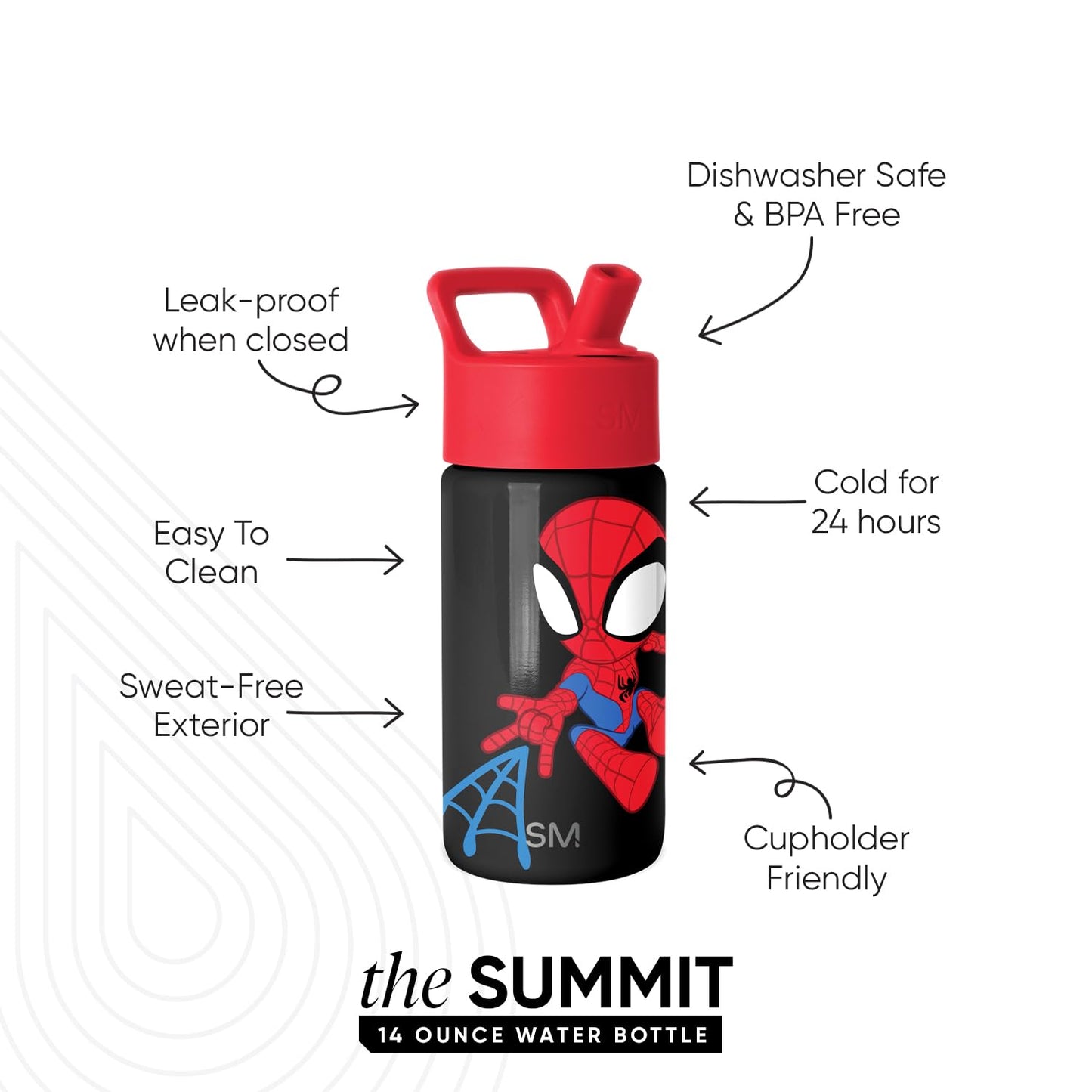 Simple Modern Marvel Spider Man Kids Water Bottle with Straw Lid | 14oz Insulated Stainless Steel Kids Tumbler & Spill Proof Toddler Cup for School, Girls, Boys | Summit | Spidey Kid