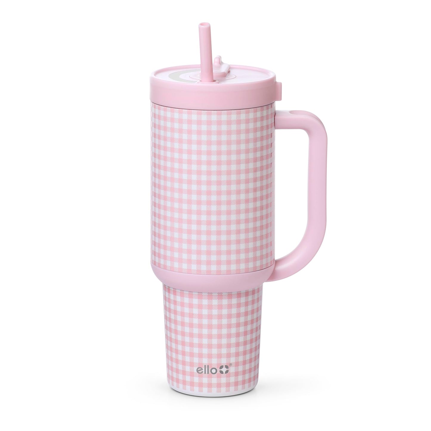 Ello Oasis 40 oz Tumbler with Handle & Retracting Straw | Reusable Insulated Stainless Steel Cup 100% Leakproof, Gifts for Teens Women Men | Keeps Cold for 24 Hours, Cup Holder Friendly, Pink Gingham