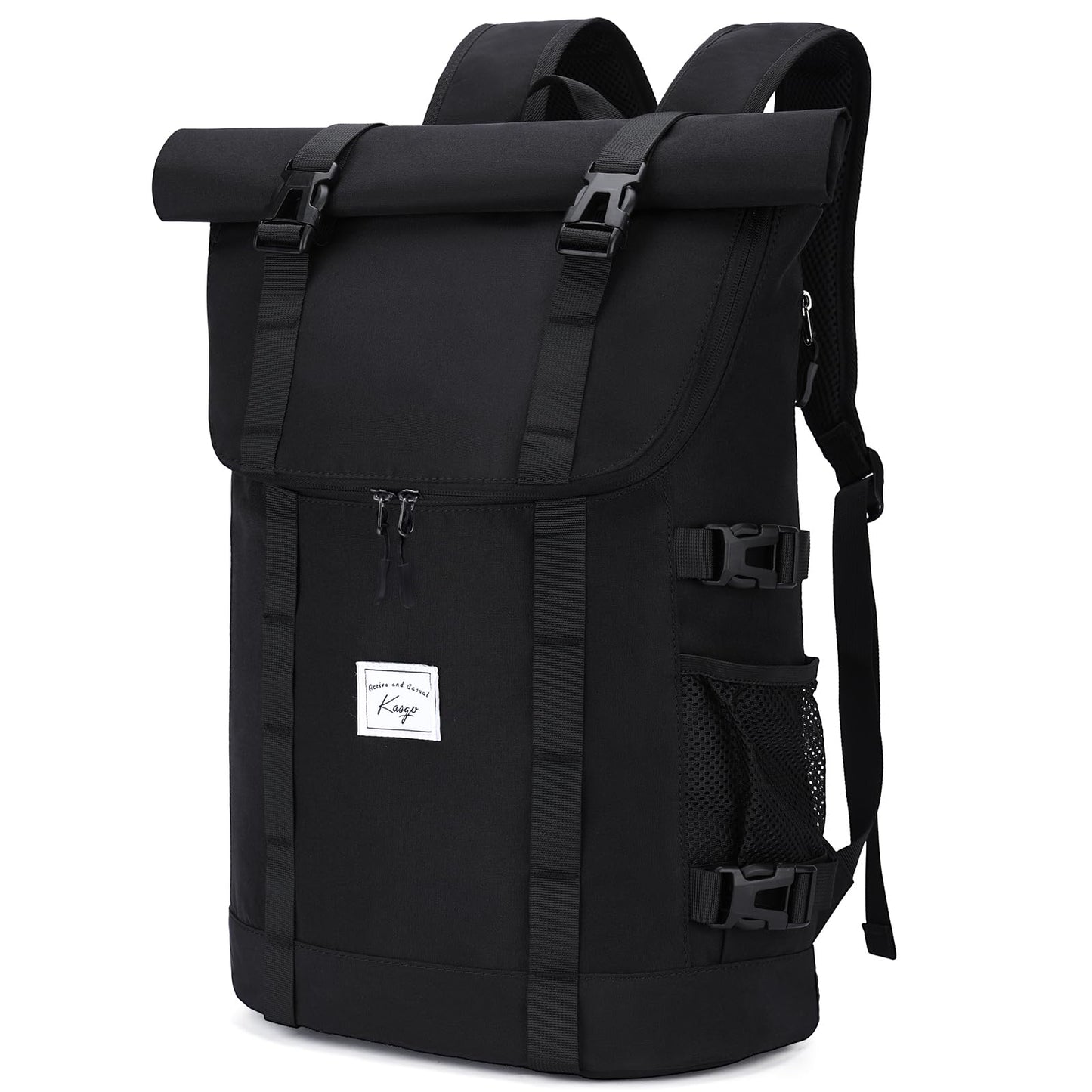 Rolltop Backpack,Kasqo Water Resistant Travel Backpack for 15.6 inch Laptop Men Women 26L-33L Expandable Anti-Theft Daypack for Work School Business Black