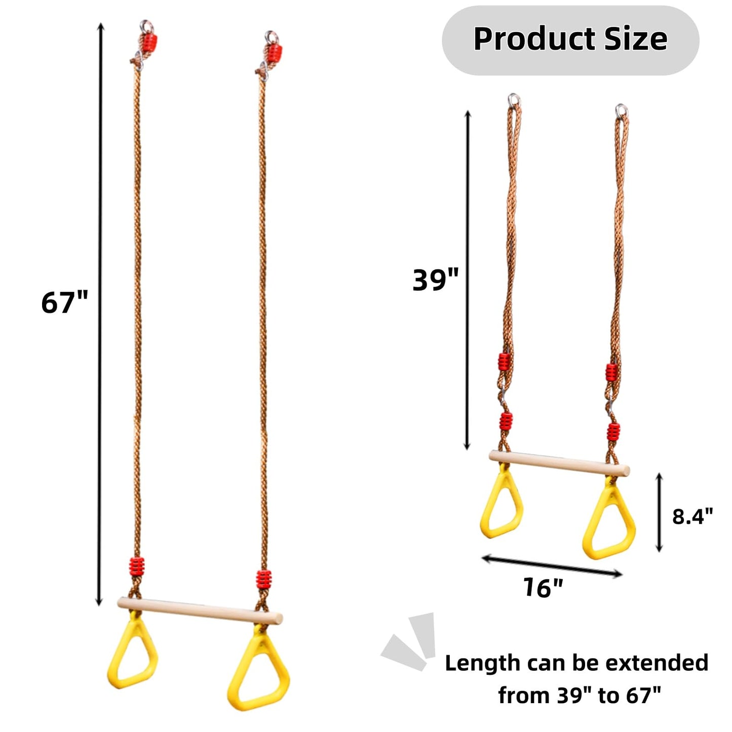 Covzoe Trapeze Bar, 16" Adjustable Height Wooden Swing Set, Trapeze Monkey Bar Assembly with Rings, Gym Hanging Accessories Playground Attachments