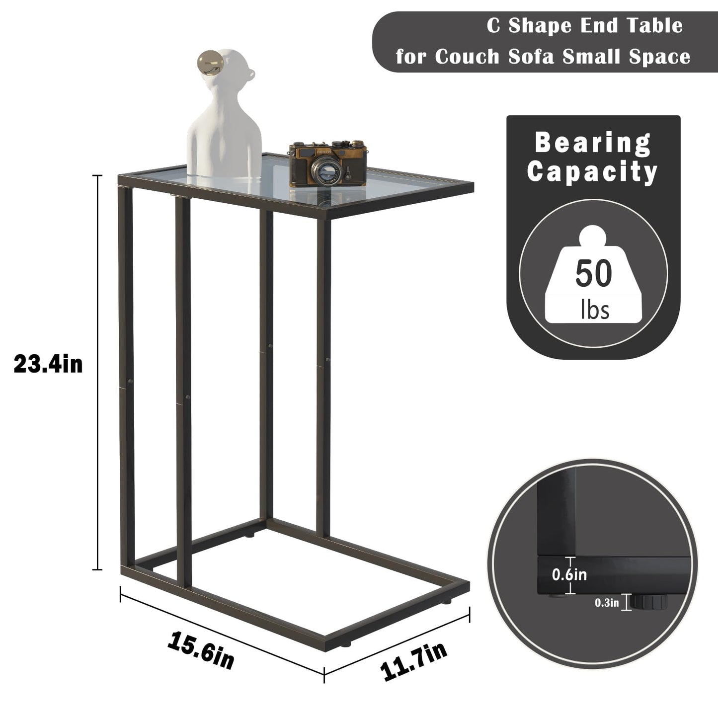 Easy Paws C Shaped End Table Set of 2, Tempered Glass Snack Side Table with Metal Frame, Sofa Couch Side Table, Modern Style, Black
