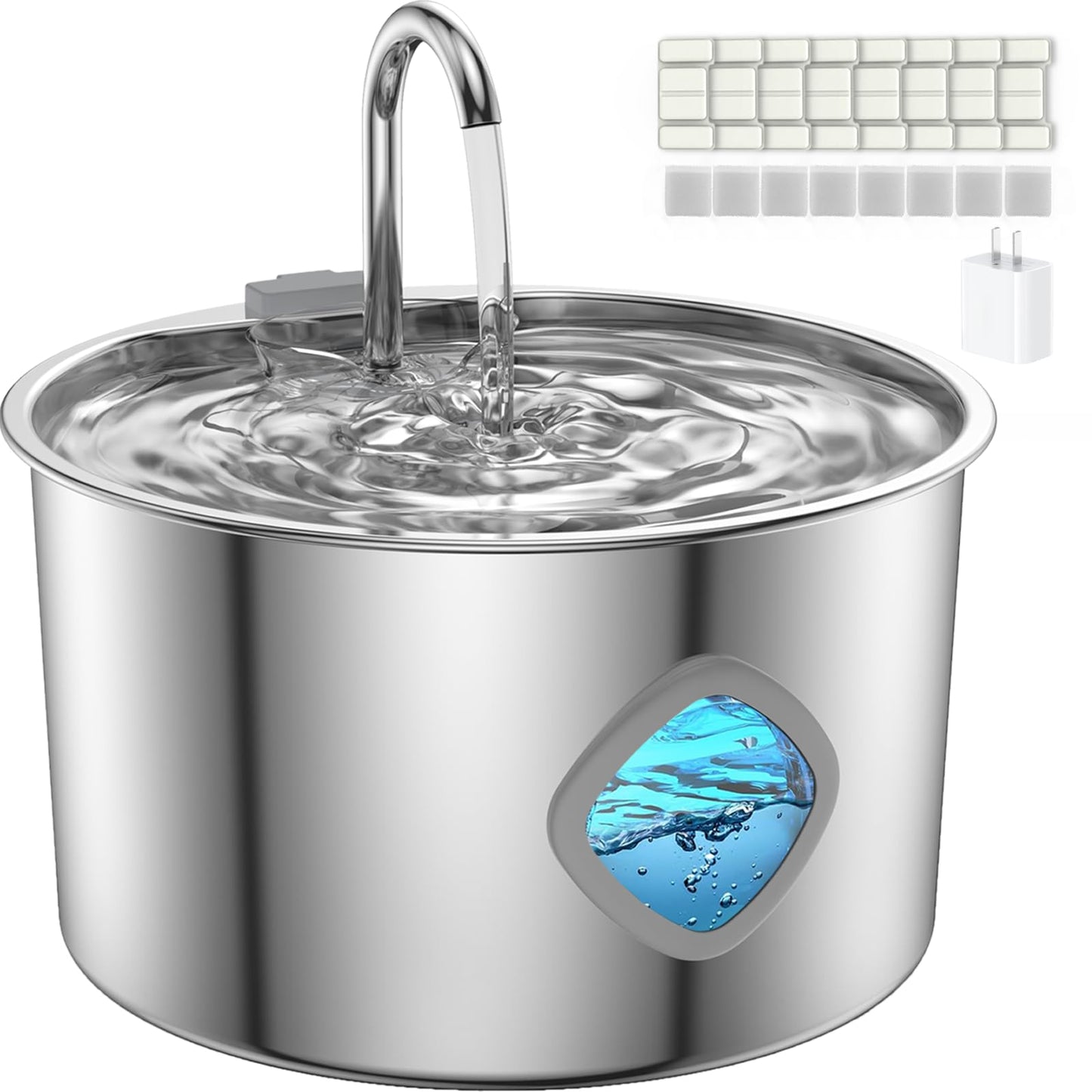 Cat Water Fountain Stainless Steel with 8 Filters Kit, 3.2L/108oz Automatic Pet Drinking Dispenser with Faucet & Flower Mode, Quiet Electric Metal Water Bowl for Indoor Cats S/M Dogs Pets