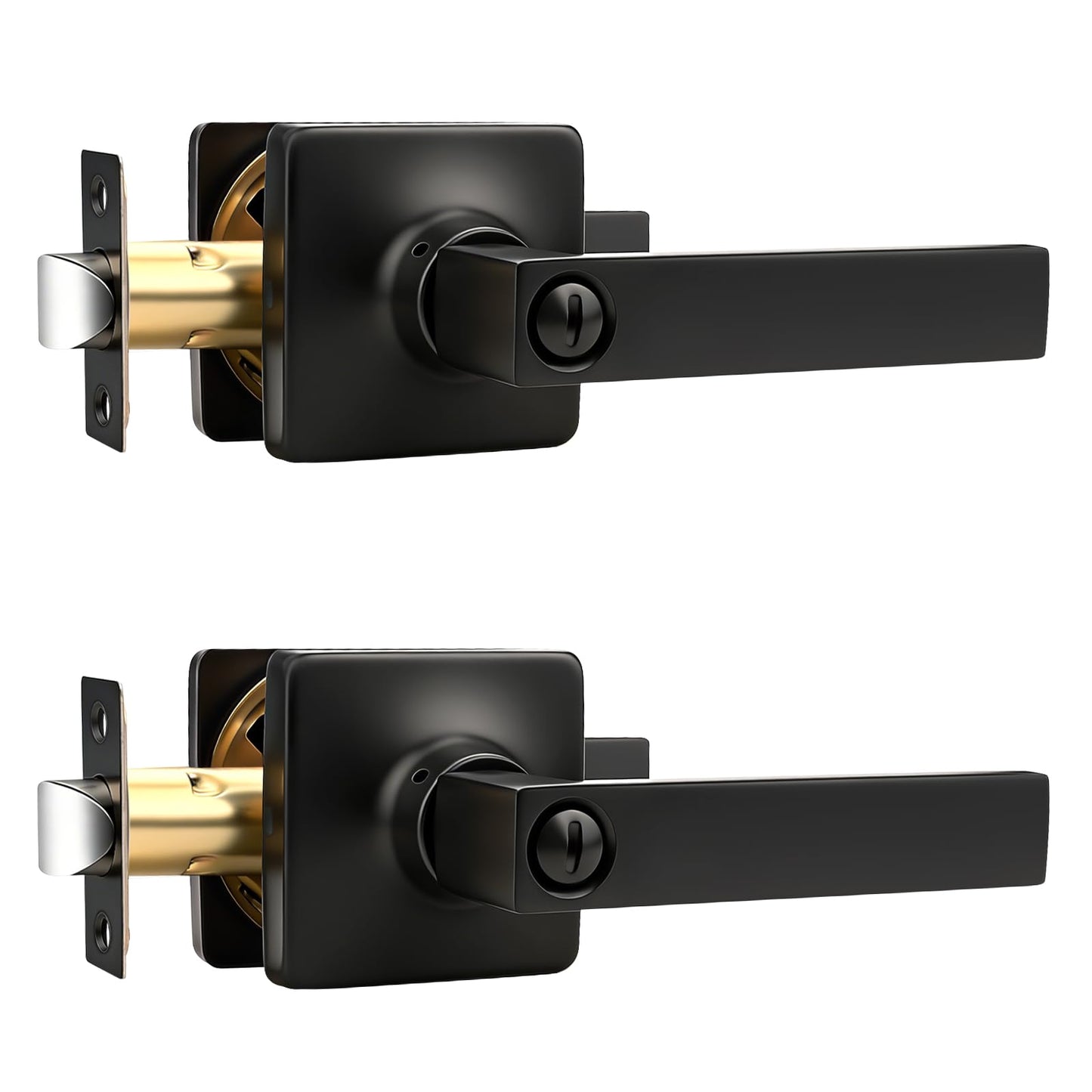 GOBEKOR 2 Pack Privacy Door Lock for Bedroom,Square Matte Black Door Levers with Lock (Thumb Turn,No Key),Interior Door Handles Black,Reversible for Right or Left Side