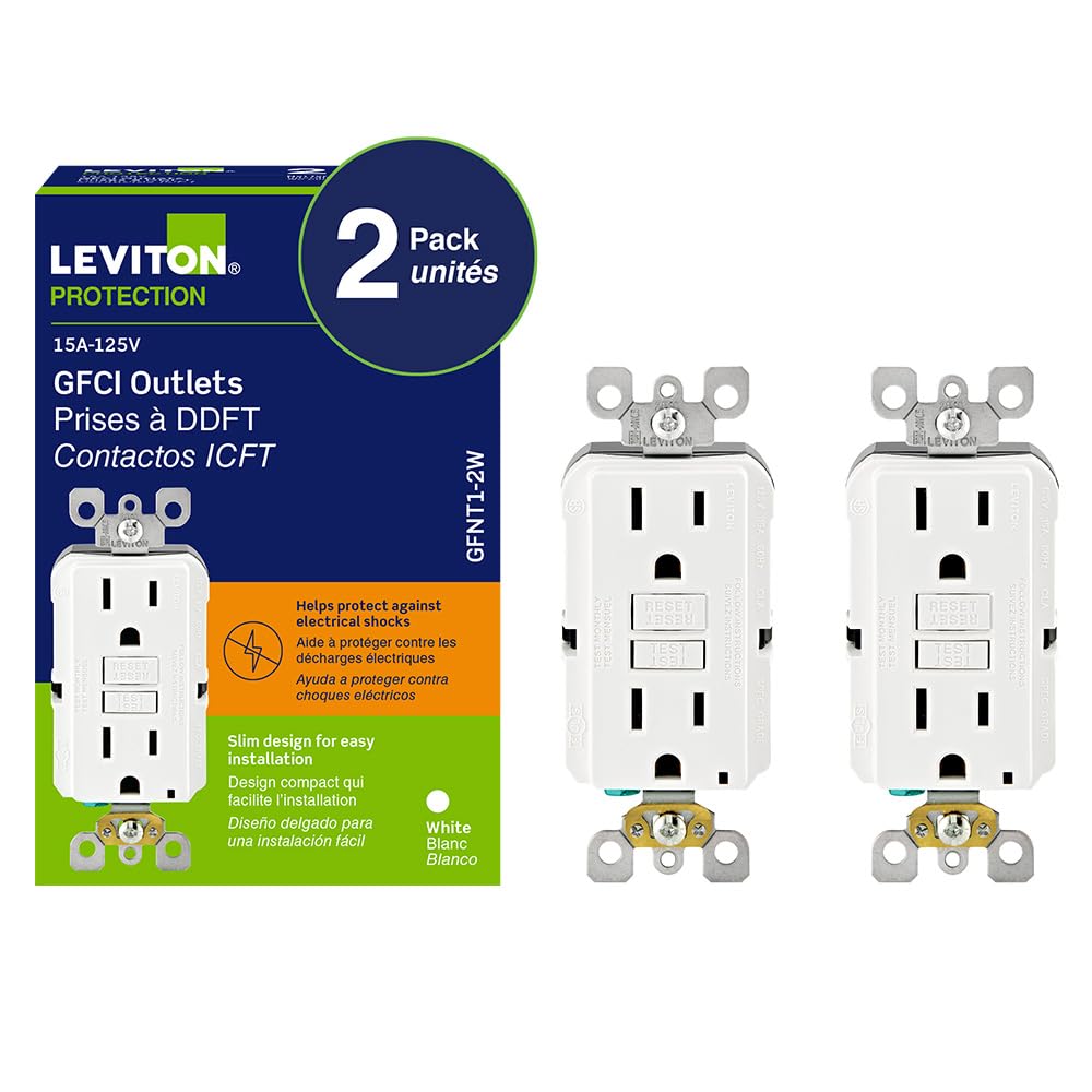 Leviton GFCI 2-Pack, 15 Amp Non Tamper Resistant Receptacle, Smartlock Pro Duplex, GFNT1-02W, White