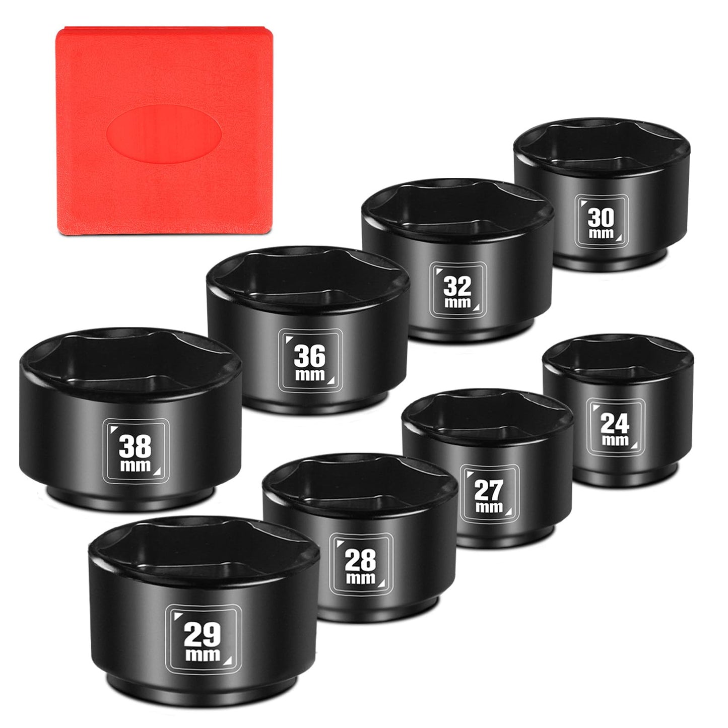 8 Pieces 3/8” Drive Low Profile Oil Filter Socket Set, Metric Size 24mm 27mm 28mm 29mm 30mm 32mm 36mm 38mm, Chrome Vanadium Steel, 6 Point, Oil Filter Cap Remover and Installer Tool Set
