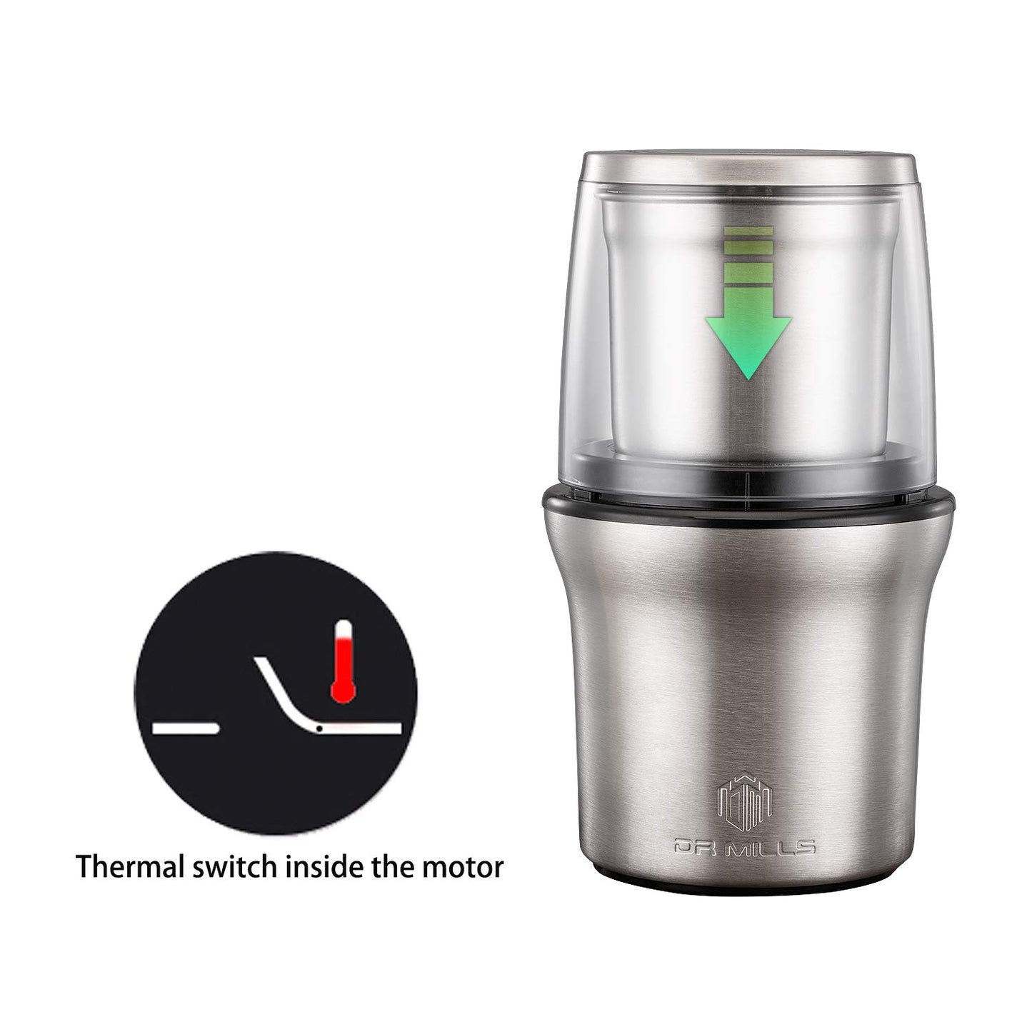 DR MILLS DM-7412M Electric Dried Spice and Coffee Grinder, Grinder and Chopper,Detachable Cup, diswash Free, Blade & Cup Made with SUS304 Stainless Steel