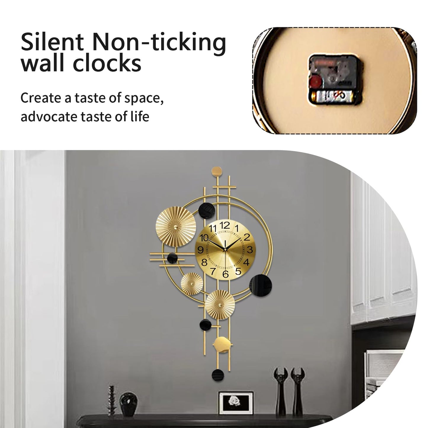 Large Wall Clock for Living Room Decor, Wall Clock for Kitchen, 17.8x30.7nch Big Wall Clock Decorative, Metal Wall Art, Analog Large Clock for Bedroom, Home, Kitchen, Office, Wall Decor (Golden)