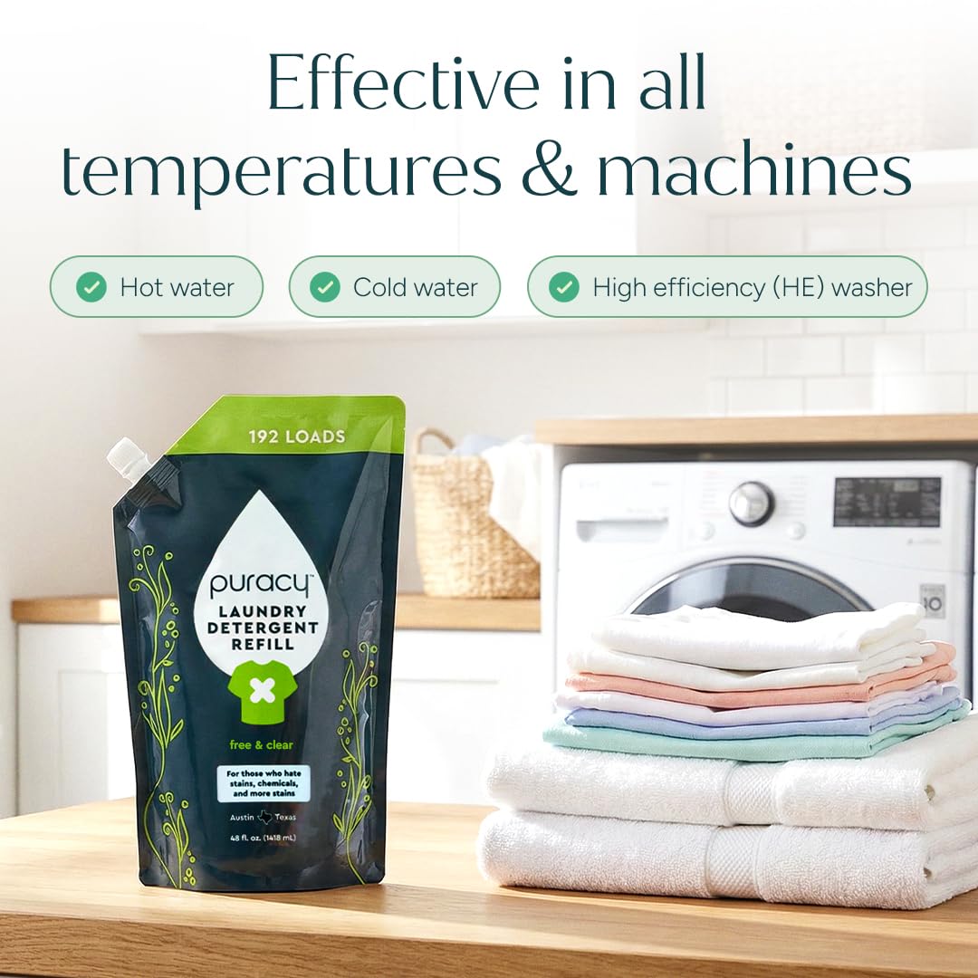 Puracy Laundry Detergent - Liquid Detergent Concentrate, Stain Fighting Enzymes, Natural Laundry Detergent Seen on TikTok, Non-Toxic, Hypoallergenic (Free & Clear, 48 oz/1420 ml, 192 Loads, Refill)