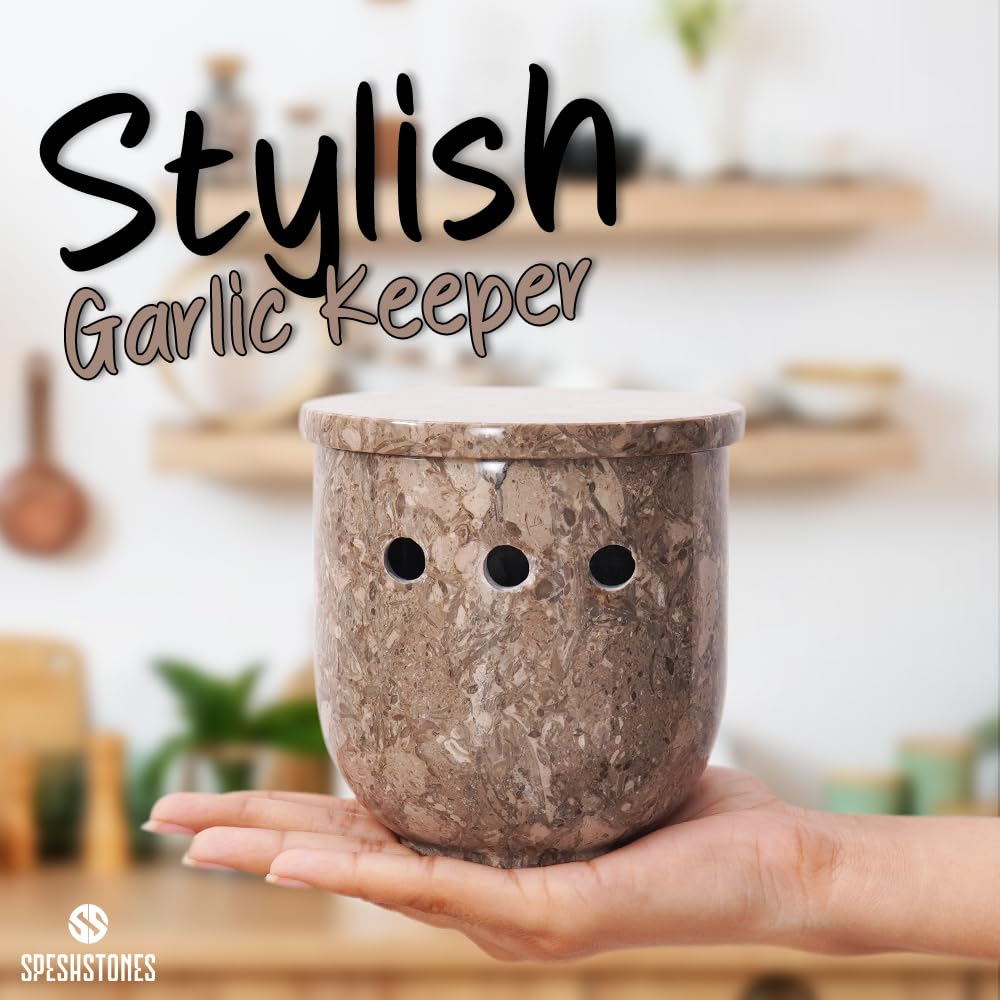 SPESHSTONES Marble Garlic Holder 11.4 cm Handmade, Garlic Keeper with lid for Counter, Garlic Storage Container to Keep the Cloves Fresh