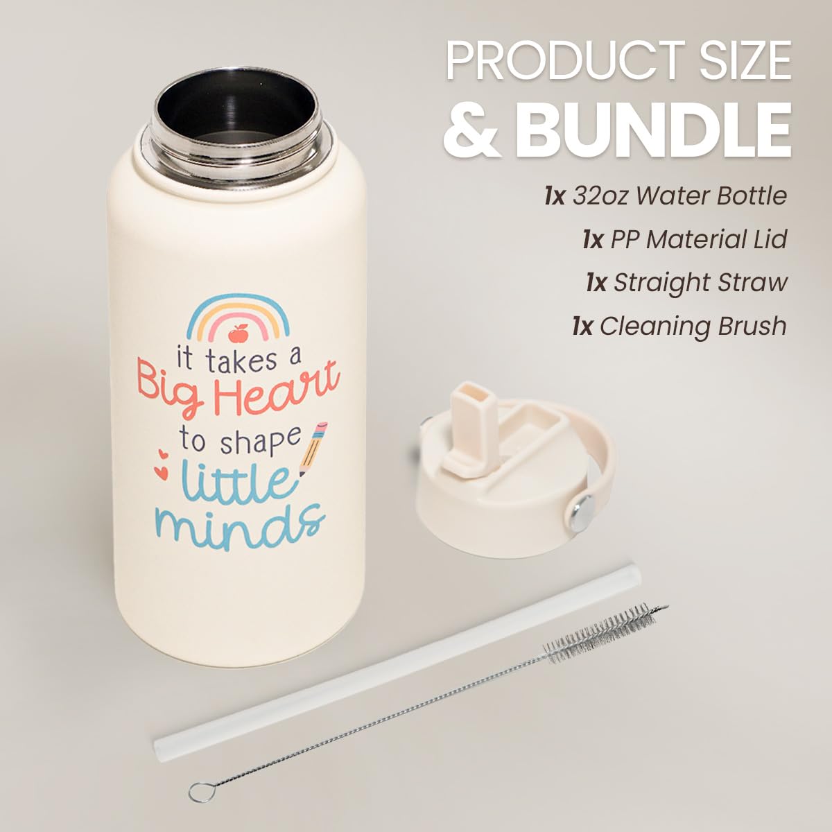 SANDJEST Teacher Appreciation Gifts - It Takes a Big Heart to Shape Little Minds Water Bottle 32oz Stainless Steel Insulated with Lid, Teacher Gifts from Students for Teacher's Day Back to School