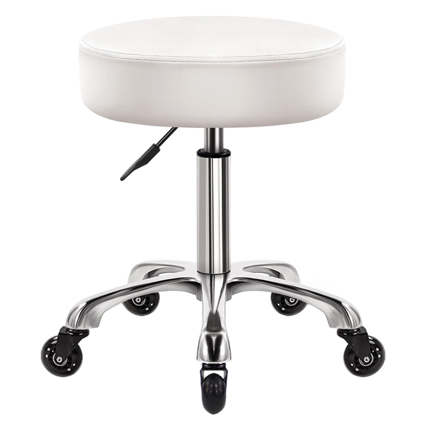 WKWKER Heavy Duty Rolling Stool with Wheels Hydraulic Swivel Adjustable Rolling Stool Ergonomic Thick Leather Seat Stool Chair for Kitchen Drafting Lab Office Salon Message Stool (White)