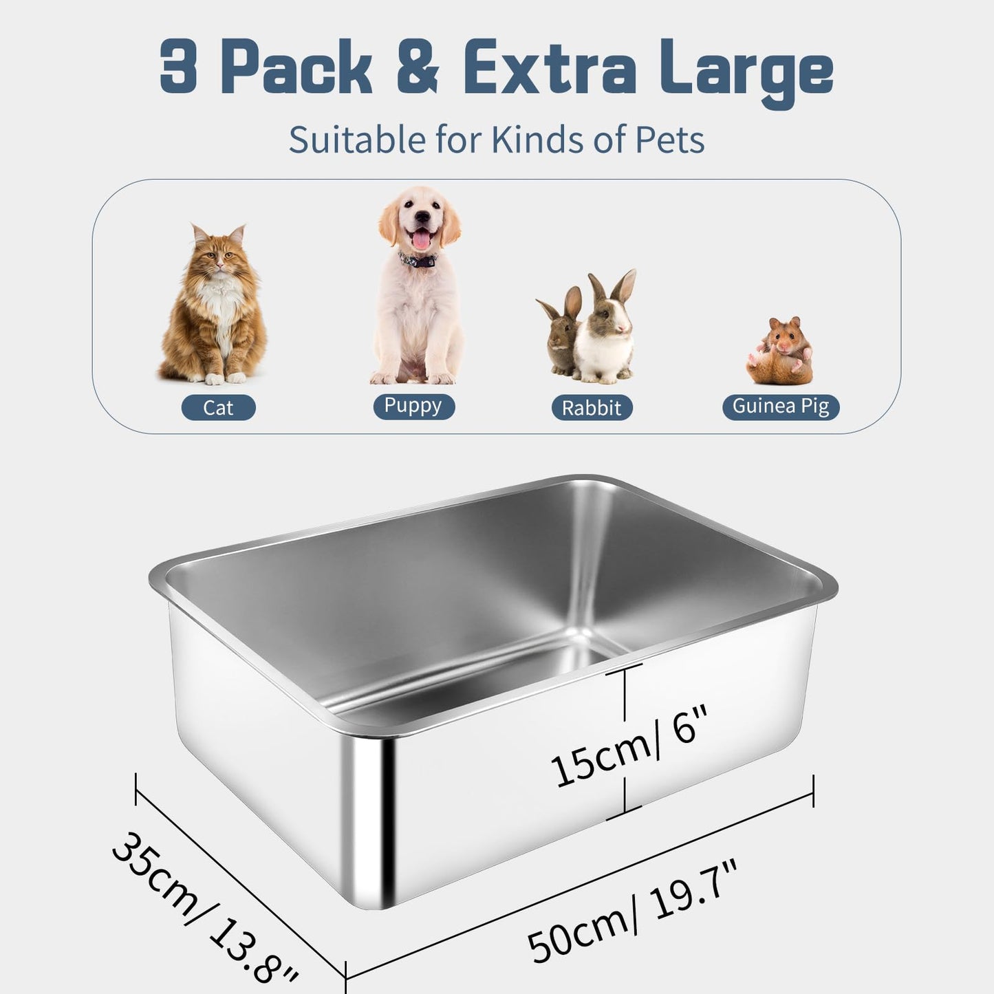 Bartuke 3 Pack Stainless Steel Litter Box, 50x 35x 15cm Large Metal High Sided Cat Litter Pan, Stainless Steel Box Splash-Proof and Non-Stick Cat Poop Box odorless