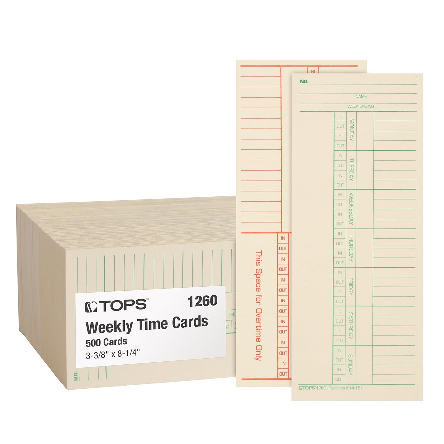 TOPS Weekly Time Cards, Green Ink Front, Red Ink Back, 3.375 x 8.25 Inches, 500-Count, Manila (1260)