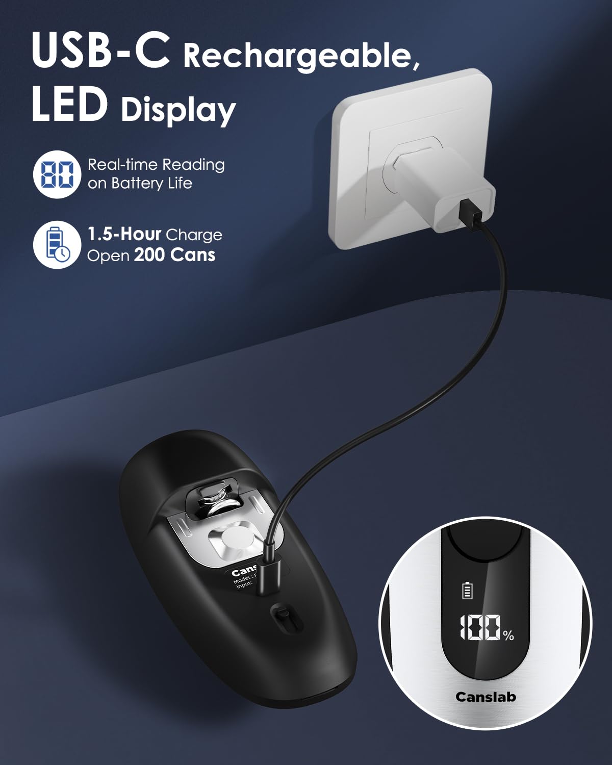Canslab Iron Rechargeable Electric Can Opener: Wall-Mountable Easy Storage, Smart Auto Stop & LED Battery Track, Hands-Free Operation, Side Cut Smooth Edge, Stainless Steel Professional-Grade Blade
