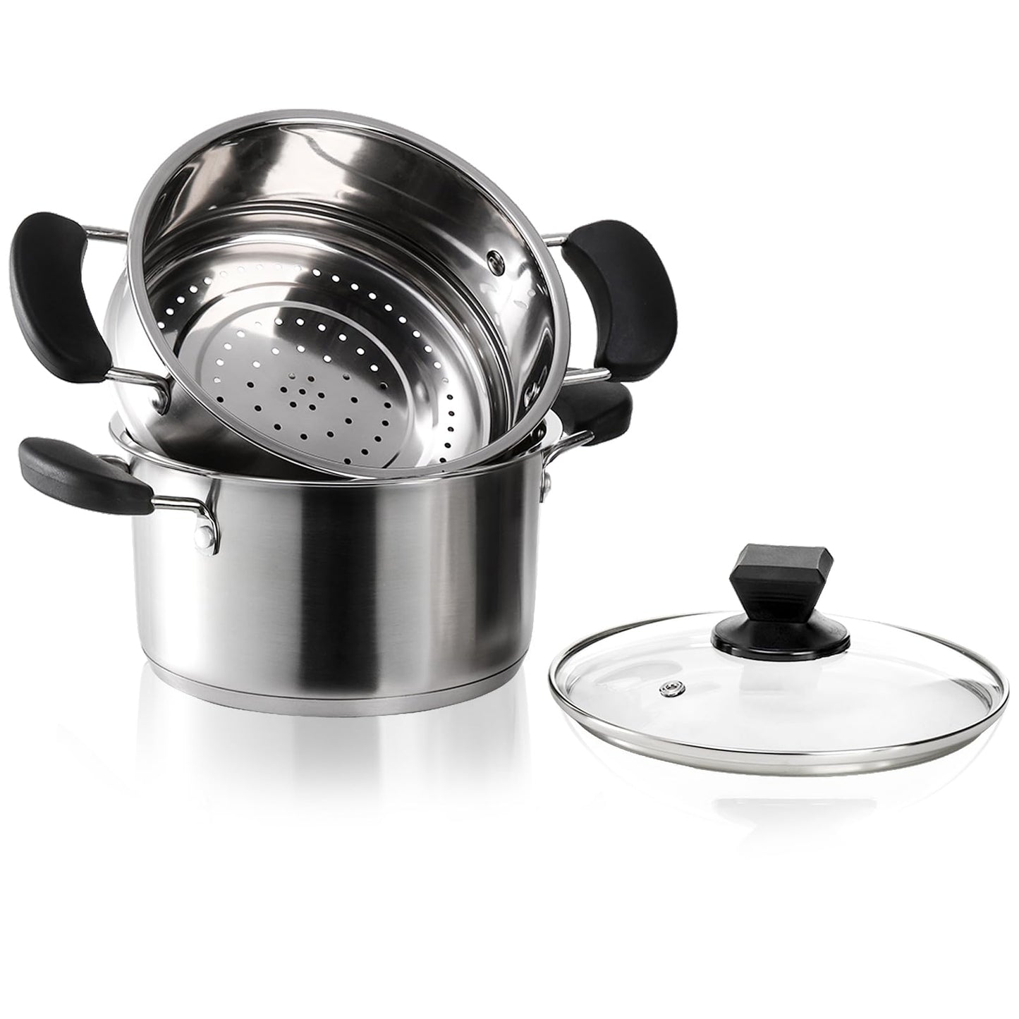 ZENFUN 1.8 Quart Stainless Steel Steamer Pot with Basket, Stock Pot with Glass Lid, Mini Steaming Pot Cookware with Handle, Metal Cooking Steamer for Vegetable, Stews, Pasta, Sauce, Individual-use