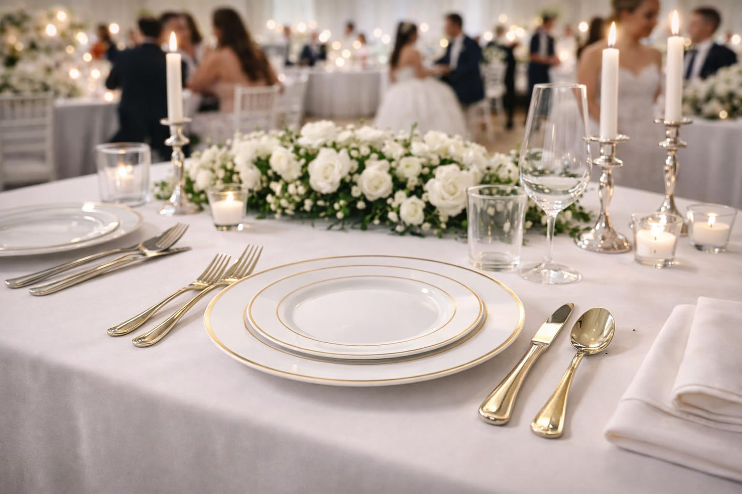 OCCASIONS 50 Plates Pack (25 Guests)-Heavyweight Wedding Party Disposable Plastic Plate Set -25 x 10.5 inch Dinner + 25 x 7.5 inch Salad/Dessert plates (White & Gold Rim)