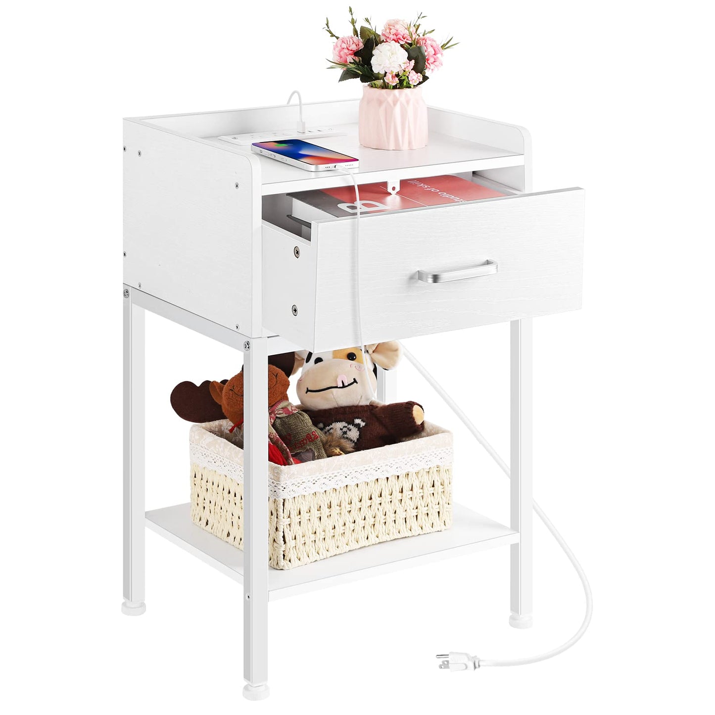OYEAL White Nightstand, End Table with Charging Station 2-Tier Side Table with Drawer and Storage Shelf, Rustic Bedside Night Stand for Bedroom, Living Room, Easy Assembly, White