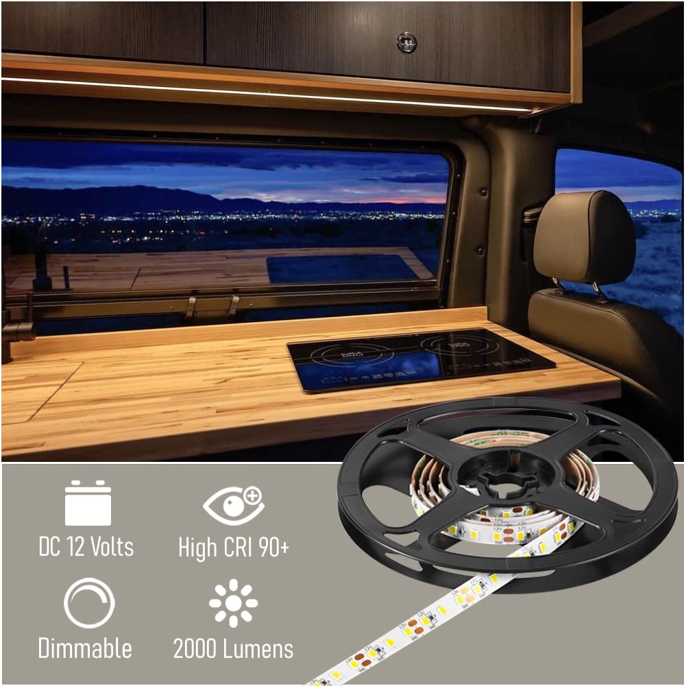 Obeaming RV Flexible LED Strip Light 12V Dimmable Tape Light 16.4 ft 600 LEDs 2000 Lumen Width 5/16” for Camper Van Motorhome Truck Trailer Interior Lighting, CRI 90+ Indoor Only (3000K)